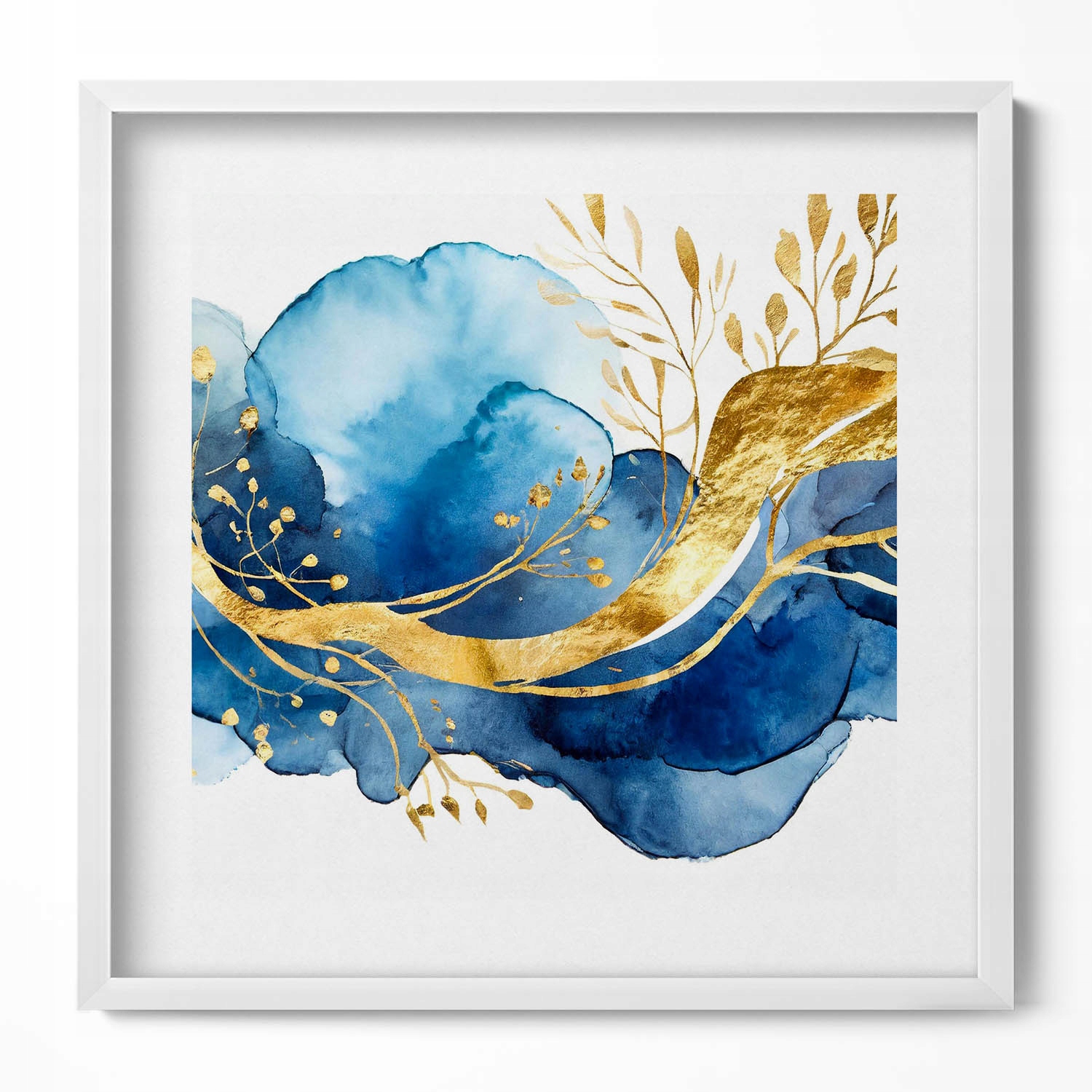 Obraz grafika v bílém rámu Abstrakce rostliny na modrém pozadí 50x50 cm