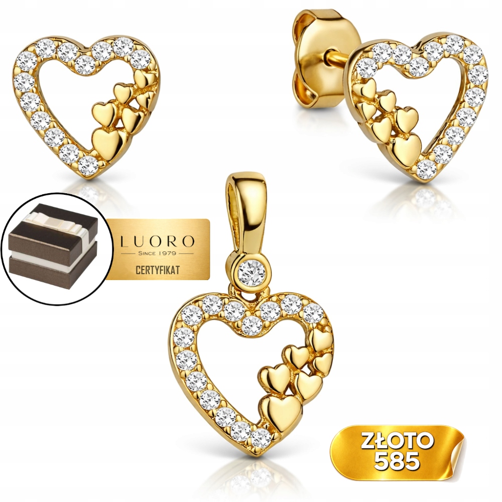 Zlatý Komplet 585 14K Náušnice Přívěsek Srdce Zirkony 7 16 MM Elegantní