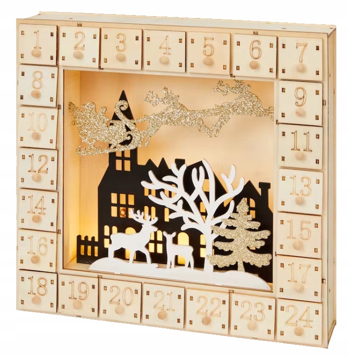 Adventný kalendár Drevený adventný kalendár s domami LED Windows