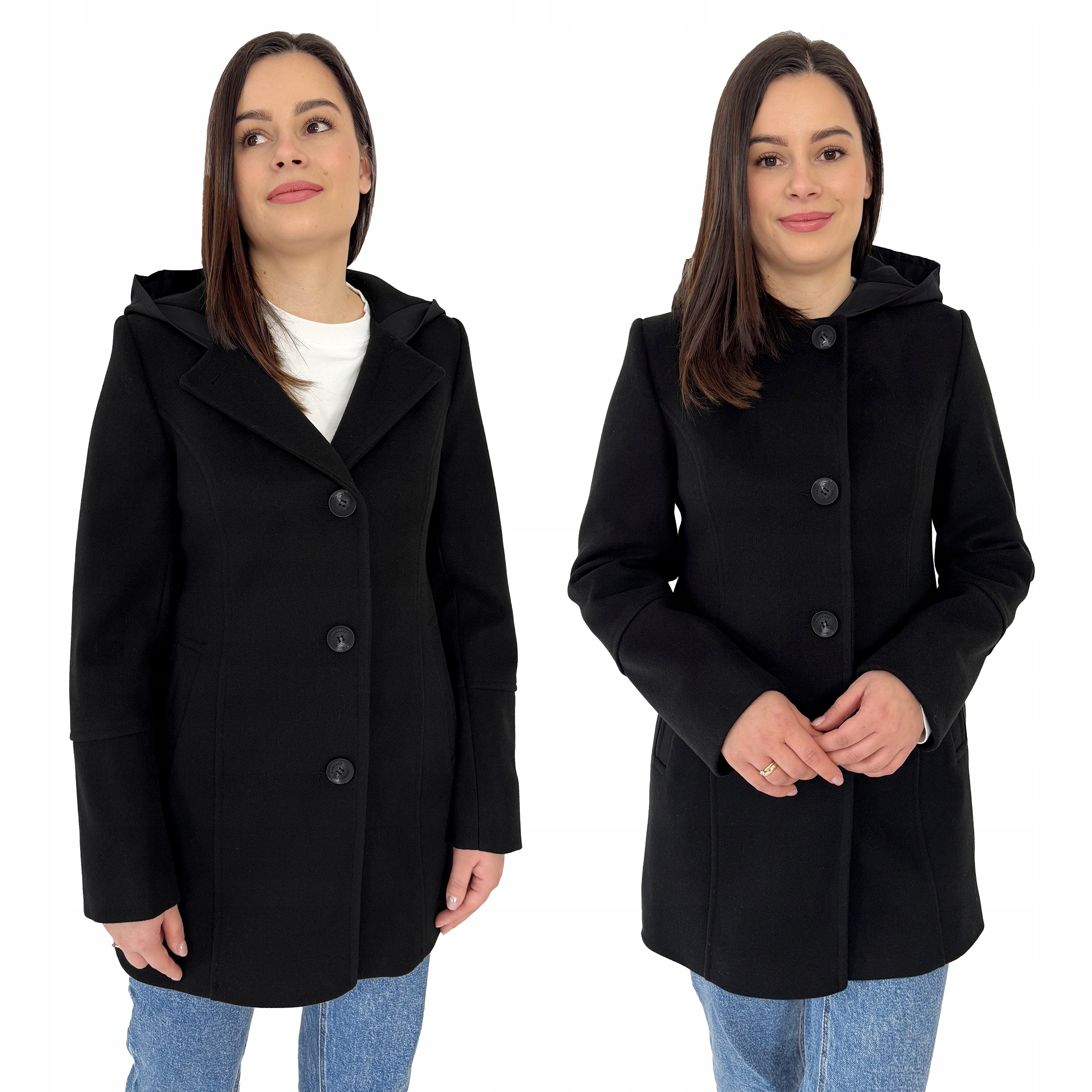 Dámský jarní vlněný kabát s kapucí a knoflíky , Černá 50