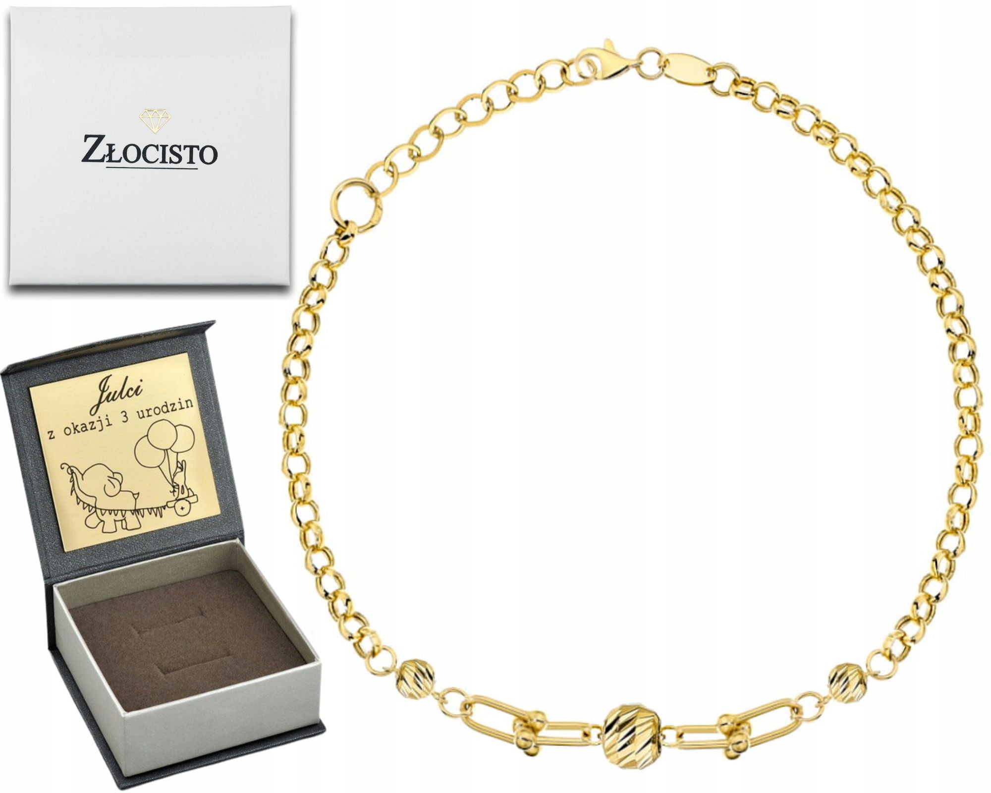 Zlatý Náramek S Diamantovými Kuličkami, Dlouhé Články Na Řetízku, Zlato