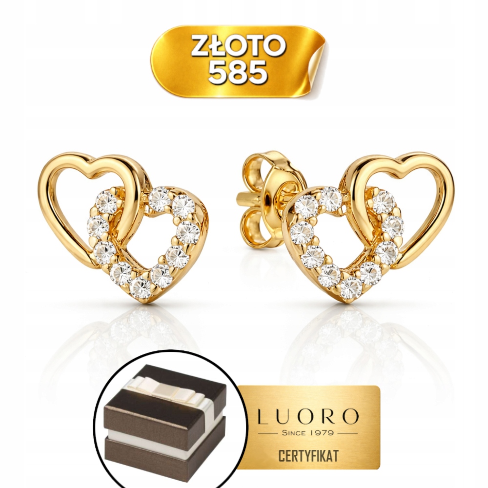 Náušnice Zlaté 585 14K Vazba S Propletenými Srdíčky Se Zirkony Tyčinka 8X6 MM