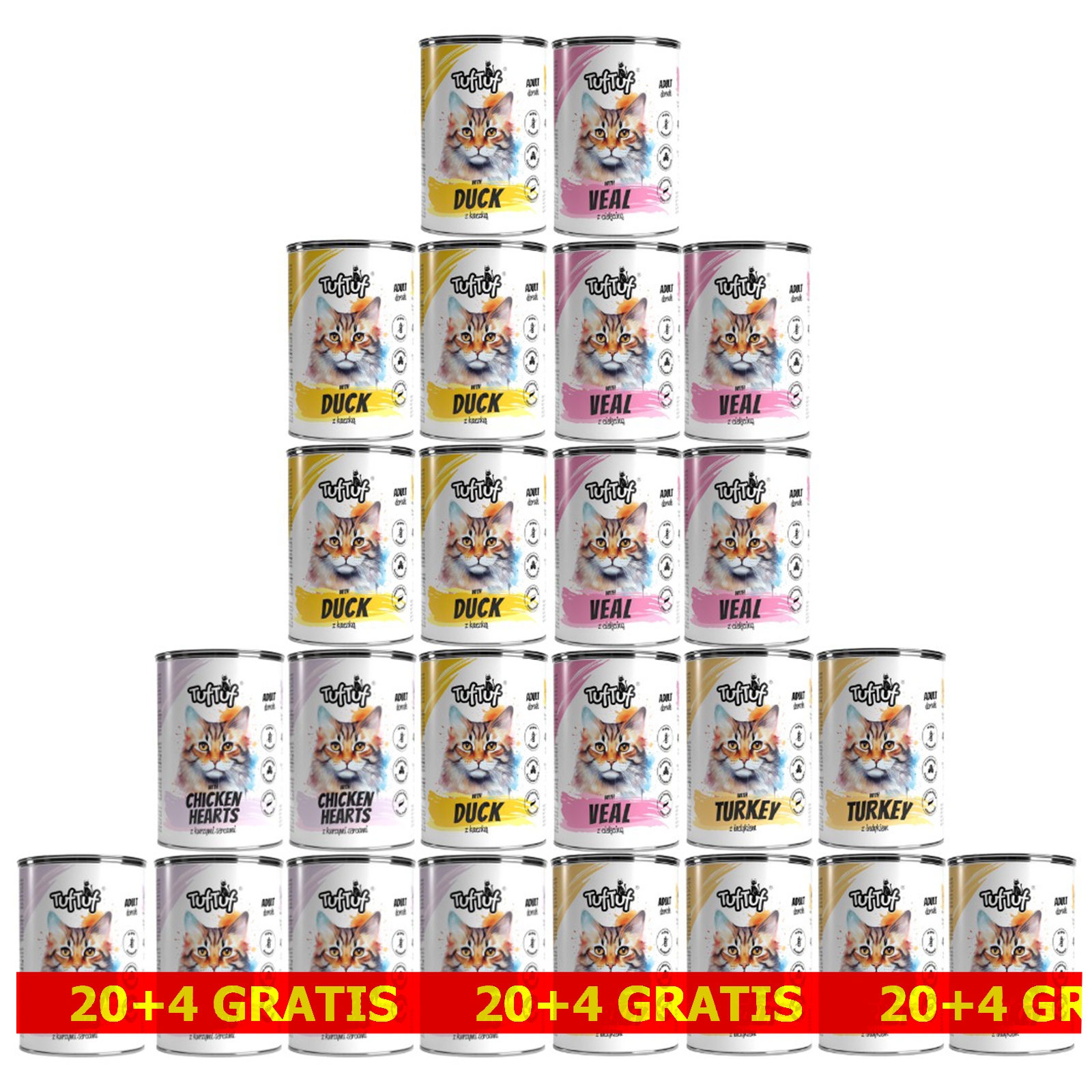 Levně Krmivo Mokré Pro Kočky Tuftuf Set 24x400G MIX Chutí 20+4 Bonus