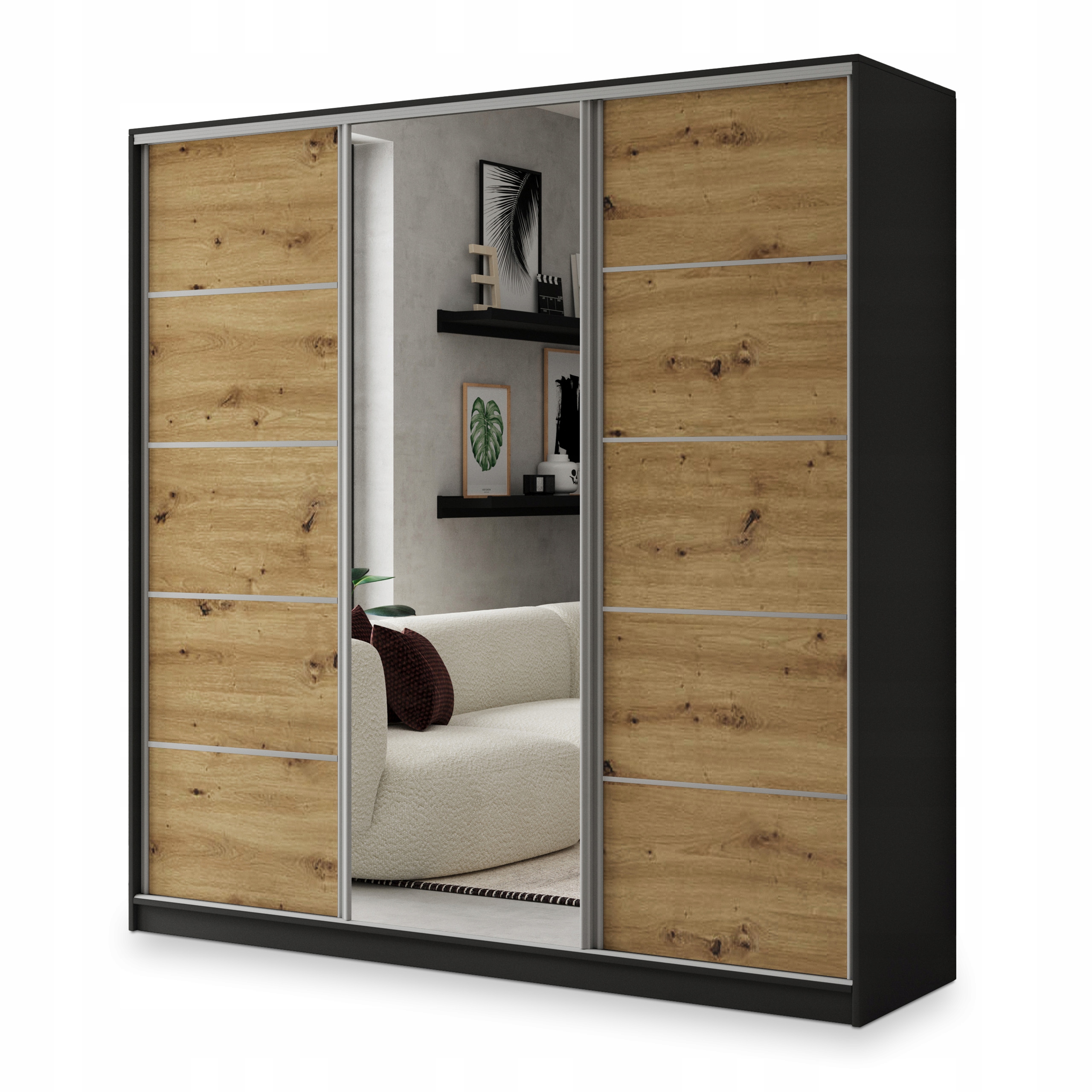 Nata 180 Posuvná šatní skříň Skříň Zrcadlo , třídveřová, černá dub Artisan