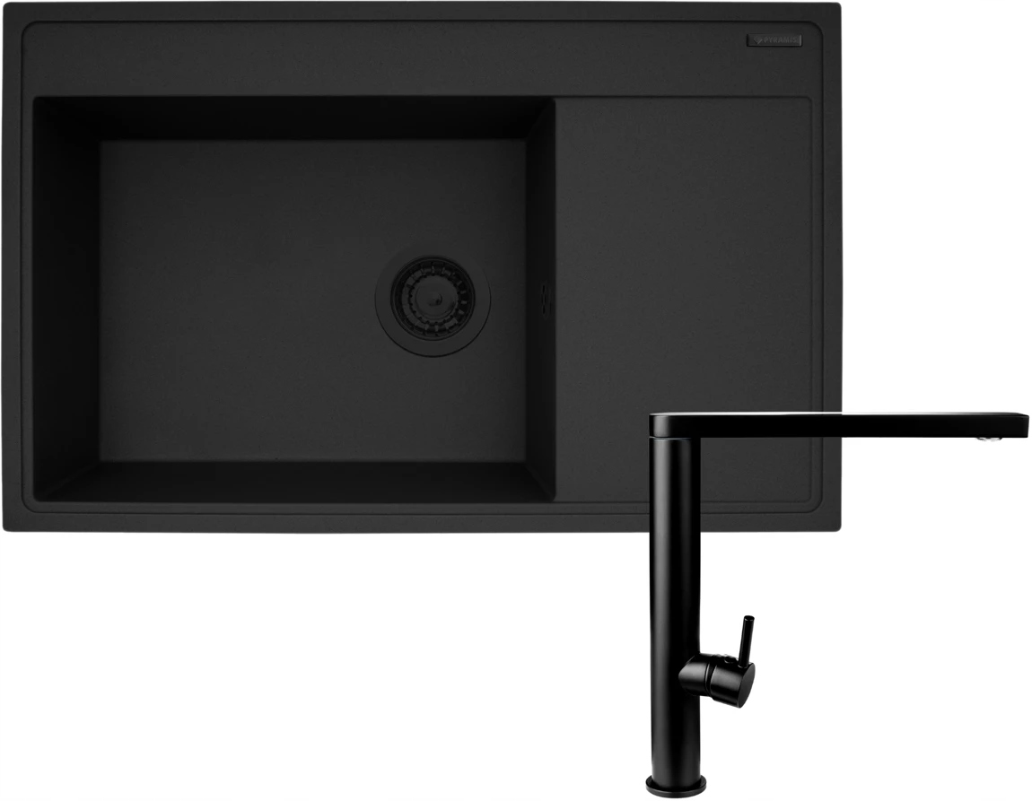 Zestaw Pyramis Zlewozmywak Camea 79x50 1B1D Black edition Bateria Trigono