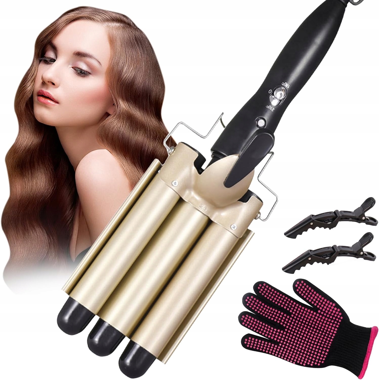 Lokówka do włosów, 3 beczki, 22 mm, duża falówka do włosów, turmalin