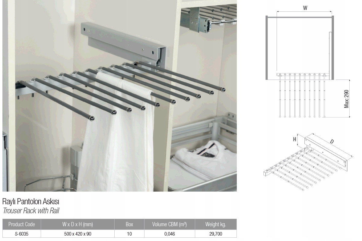 Vešiak na nohavice do skrine, šatníka od 55 cm, výsuvný, bočný, 10 párov Starax