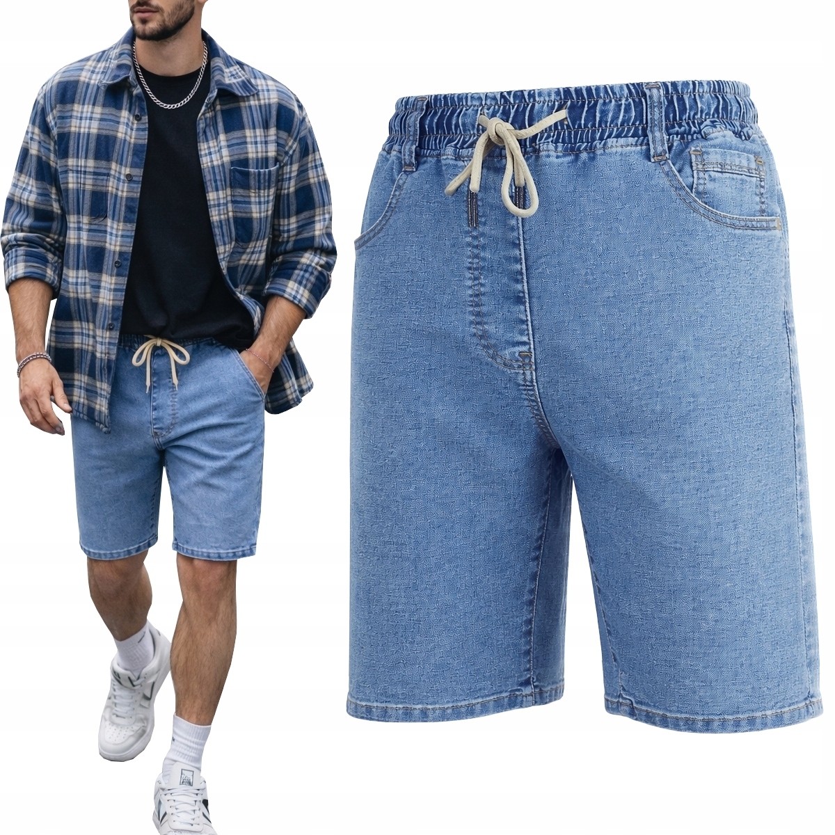 Spodenki męskie Jeansowe Krótkie spodnie rozciągliwe Pas z Gumką Modne M