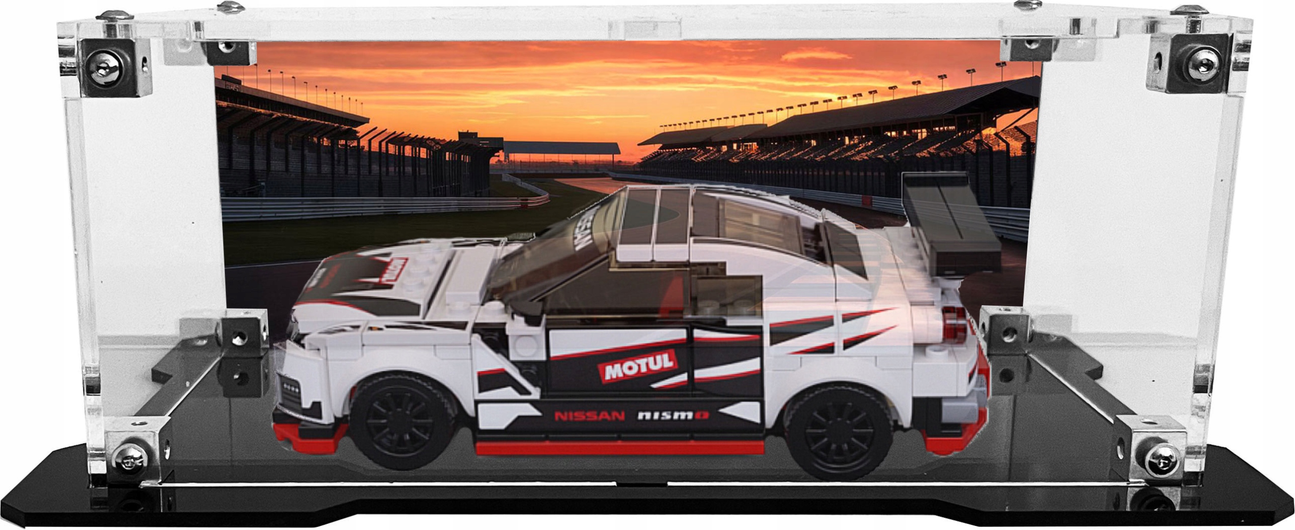 Vitrína s černou základnou a pozadím pro sadu Lego 76896 Nissan Gt-r Nismo