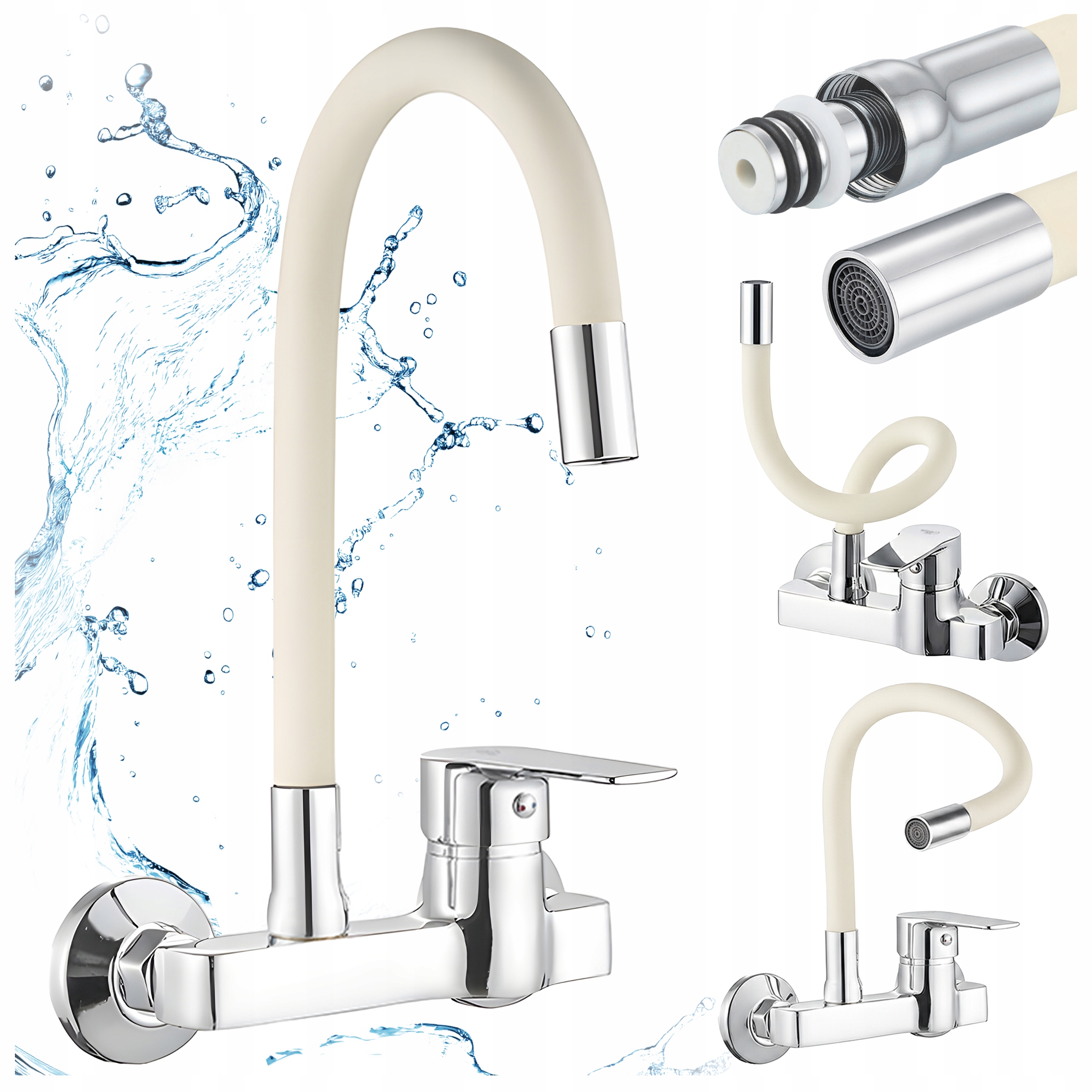 Bateria Kuchenna Ścienna Elastyczna Wylewka Jednouchwytowa Kran Largo Chrom