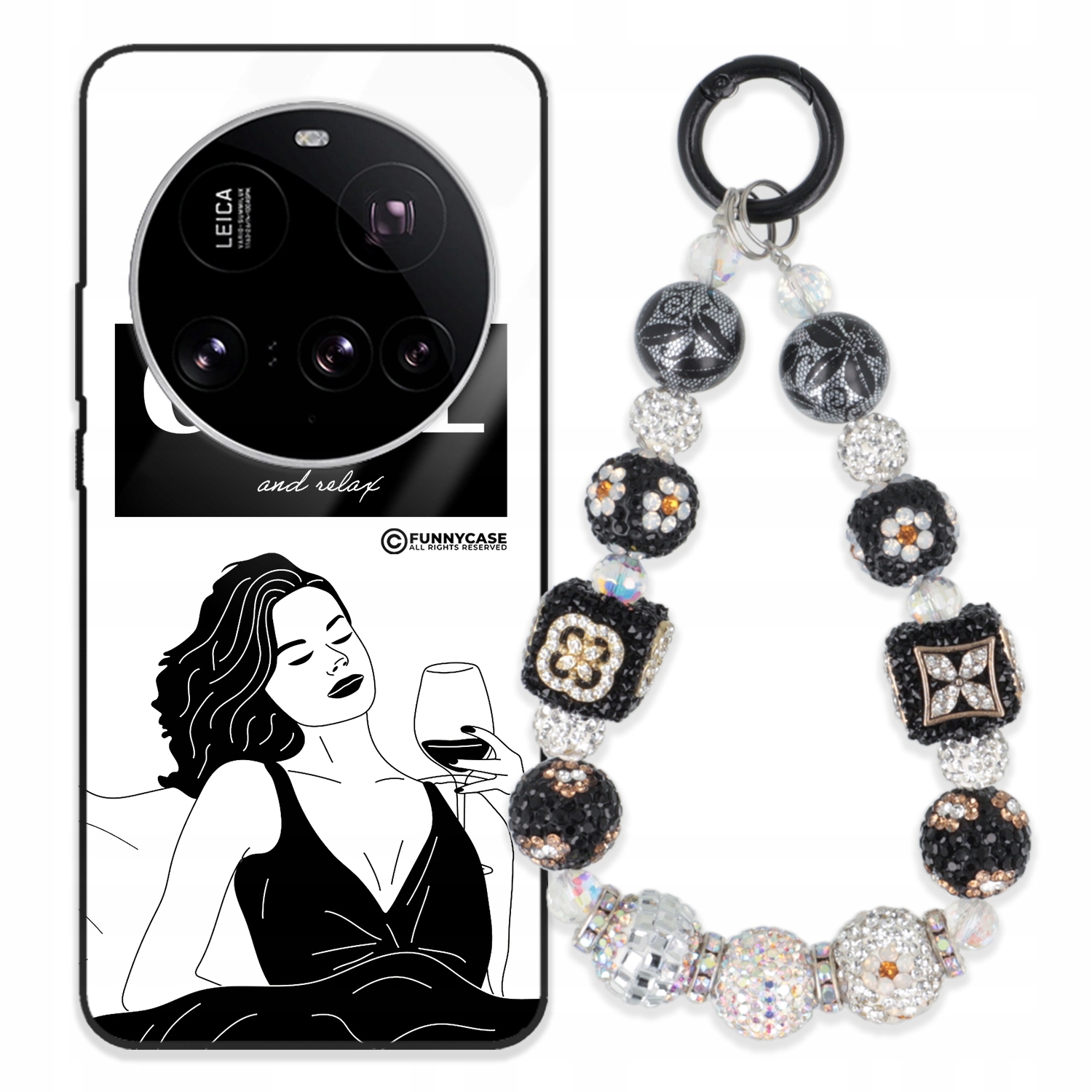 Puzdro Pre Xiaomi 15 Ultra Glass Art Čiernobiela Kľúčenka, Strieborné Zirkóny