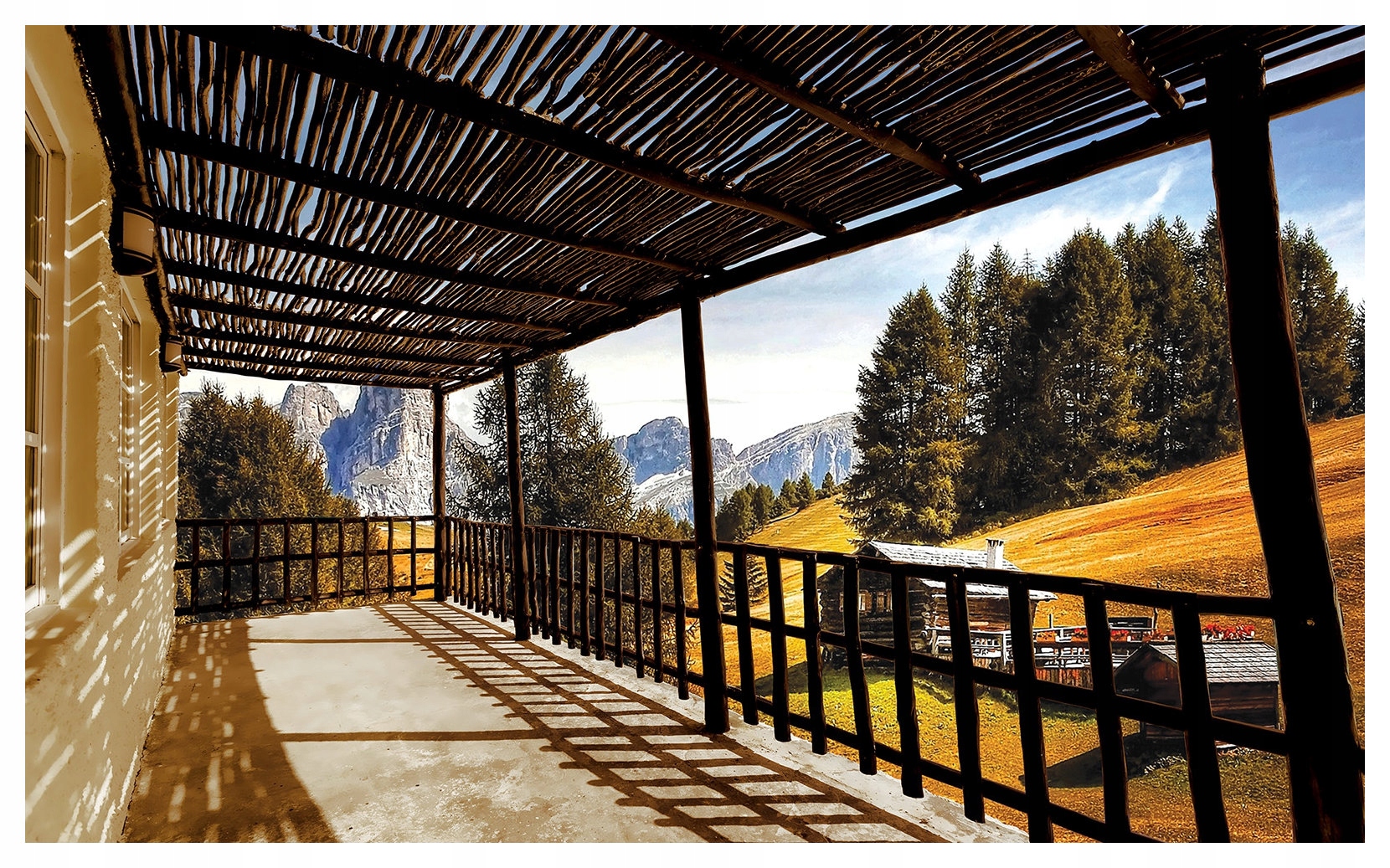 Fototapeta Podzimní horská krajina s balkonem, výhled 350x250 lepidlo