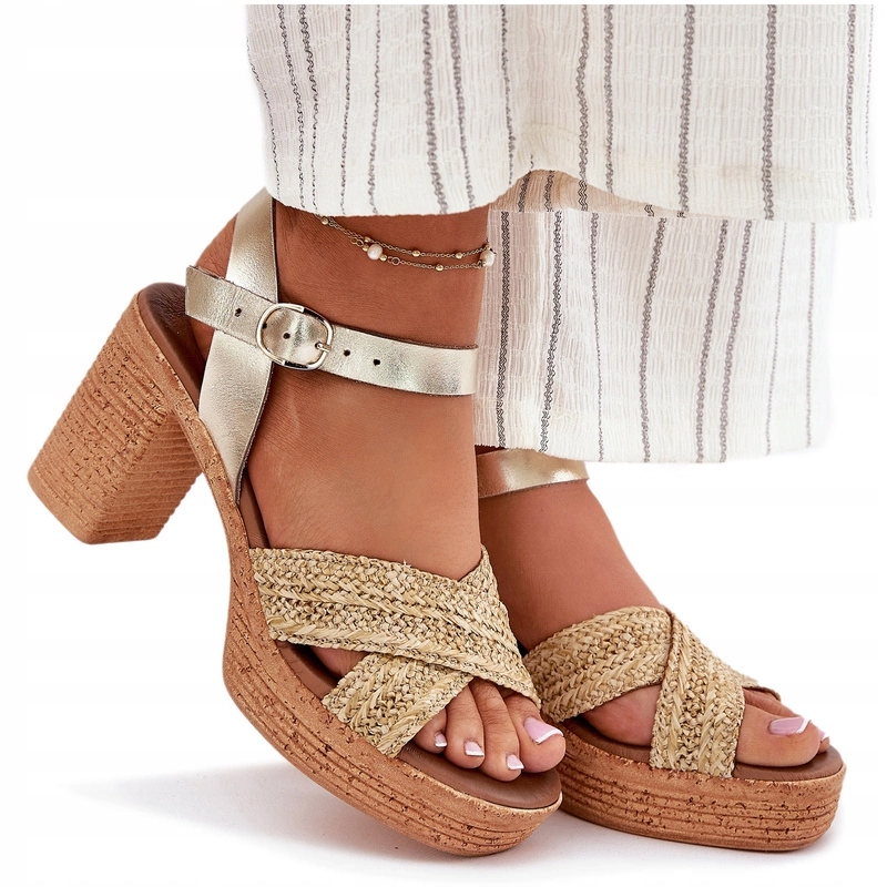 Dámské Sandály Přírodní Kůže Sloupek Pletenina Zazoo 40460 Zlaté 40