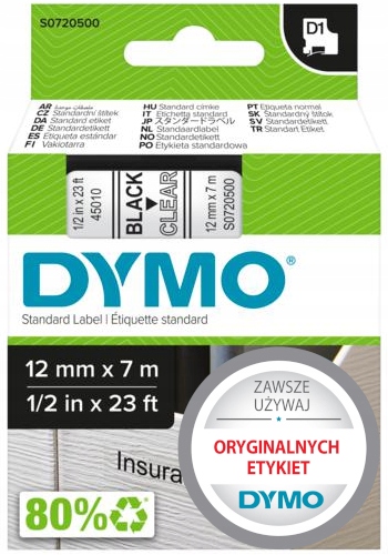 Oryginalna Taśma Dymo D1 45010 samoprzylepna 12mm x 7m przezr. czarny