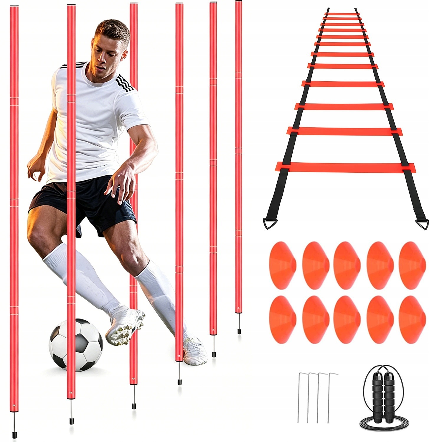 Zestaw Piłkarski Drabinka Treningowa Słupkami 180CM x6 I Z Pachołkami 10szt
