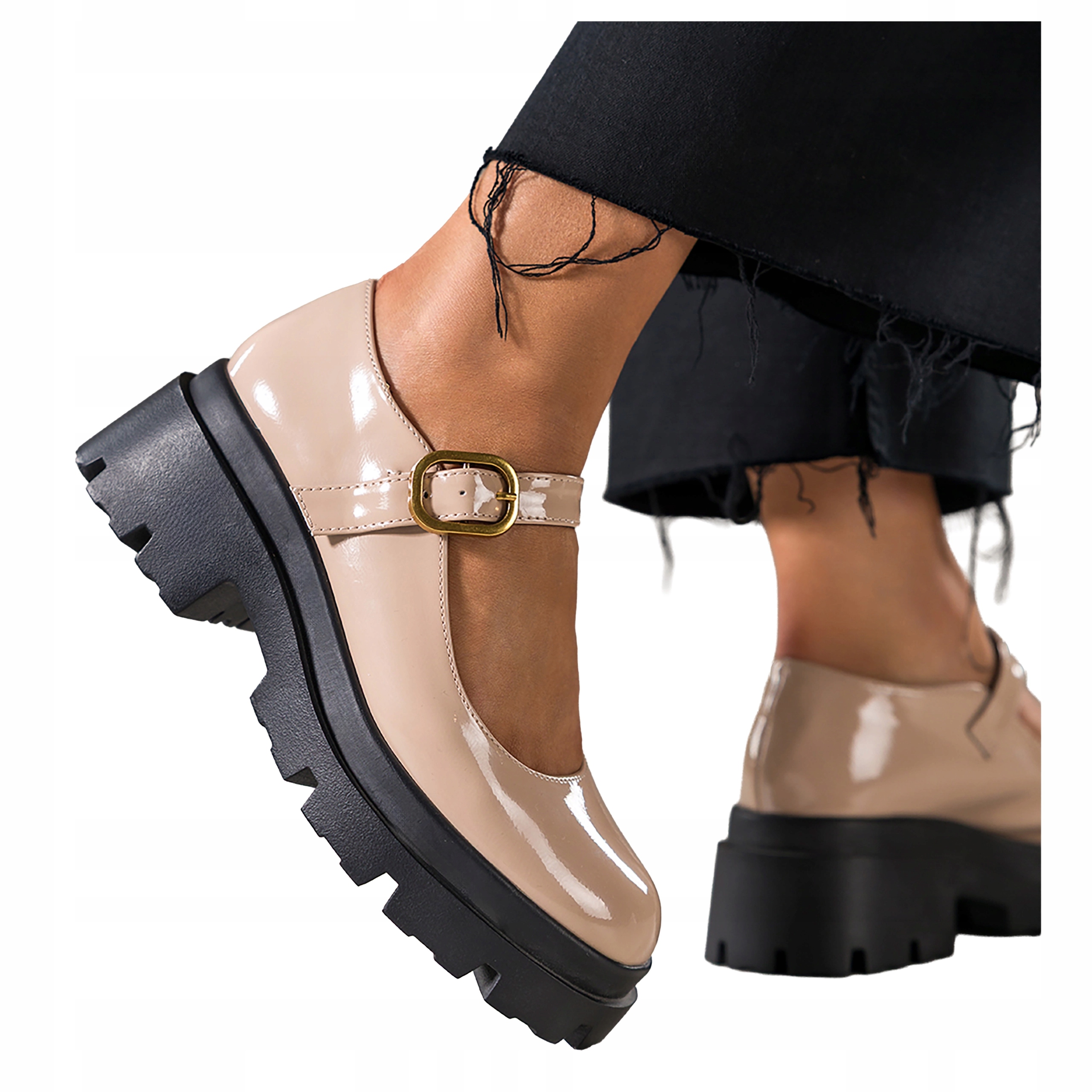 Béžové dámské lakované Polobotky s páskem na platformě Mary Jane, velikost 40