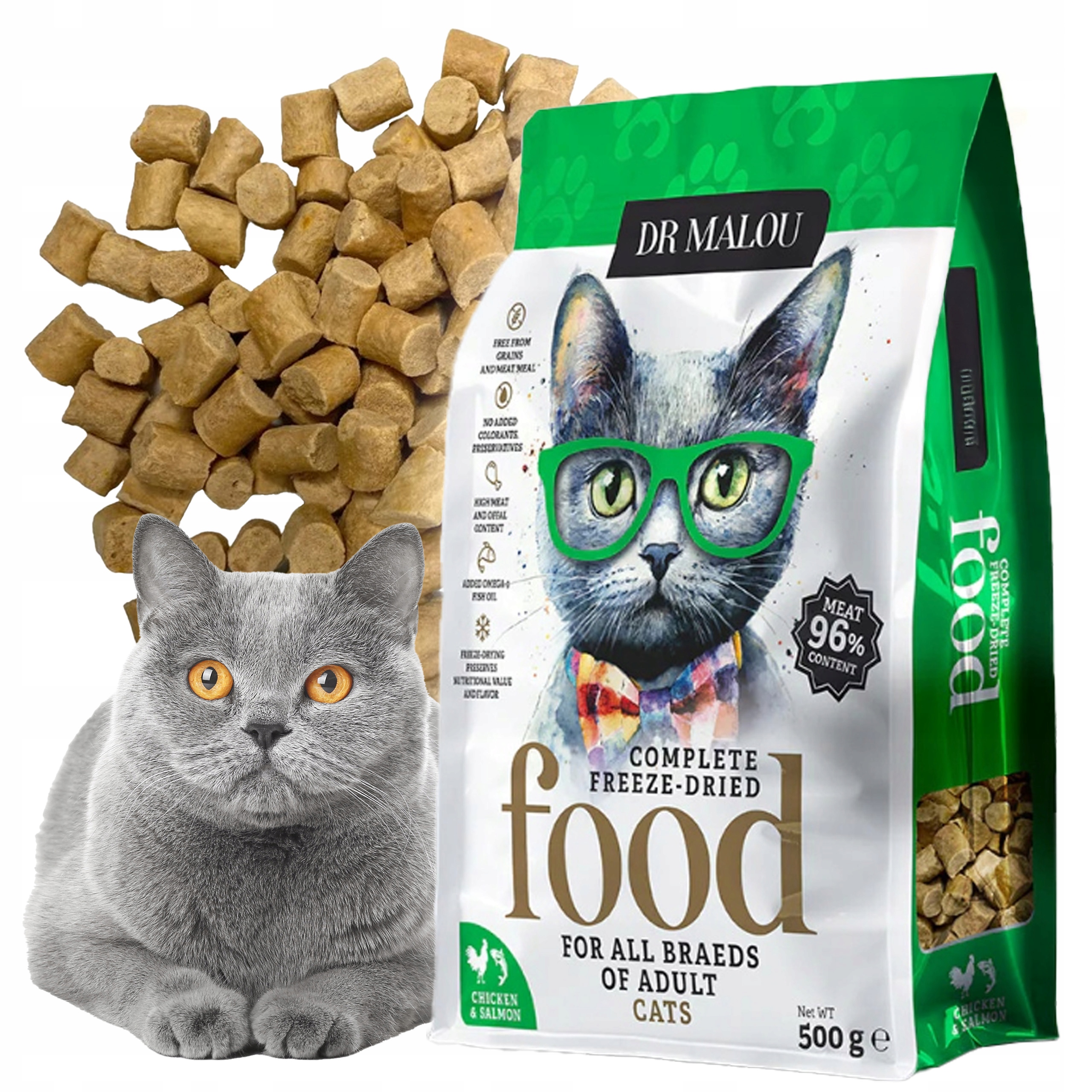 Levně Krmivo suché lyofilizované krmivo pro kočky Dr. Malou kuře a losos 500 g