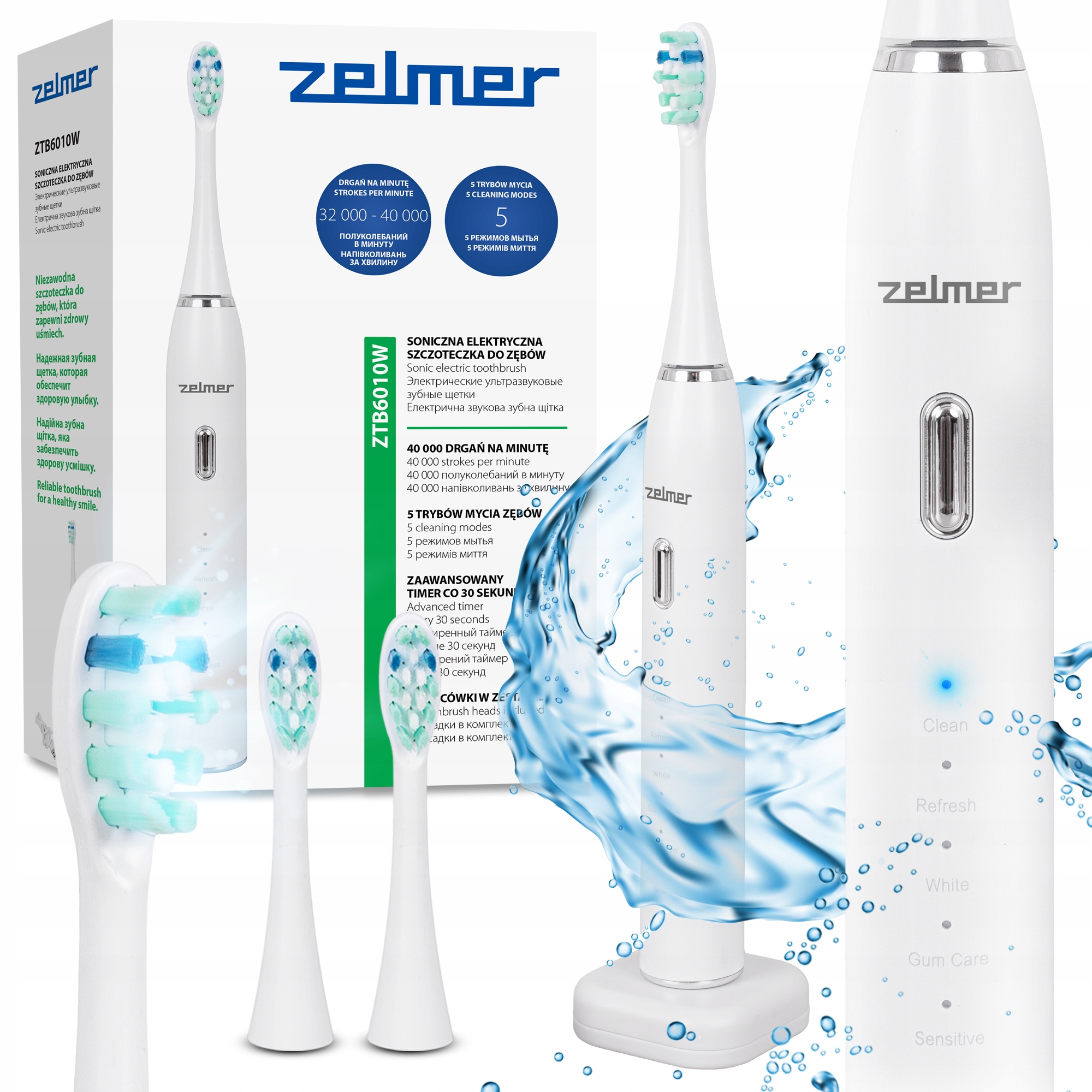 Szczoteczka Soniczna Do Zębów Zelmer 5 Trybów 3 Końcówki 40000 drgań/min