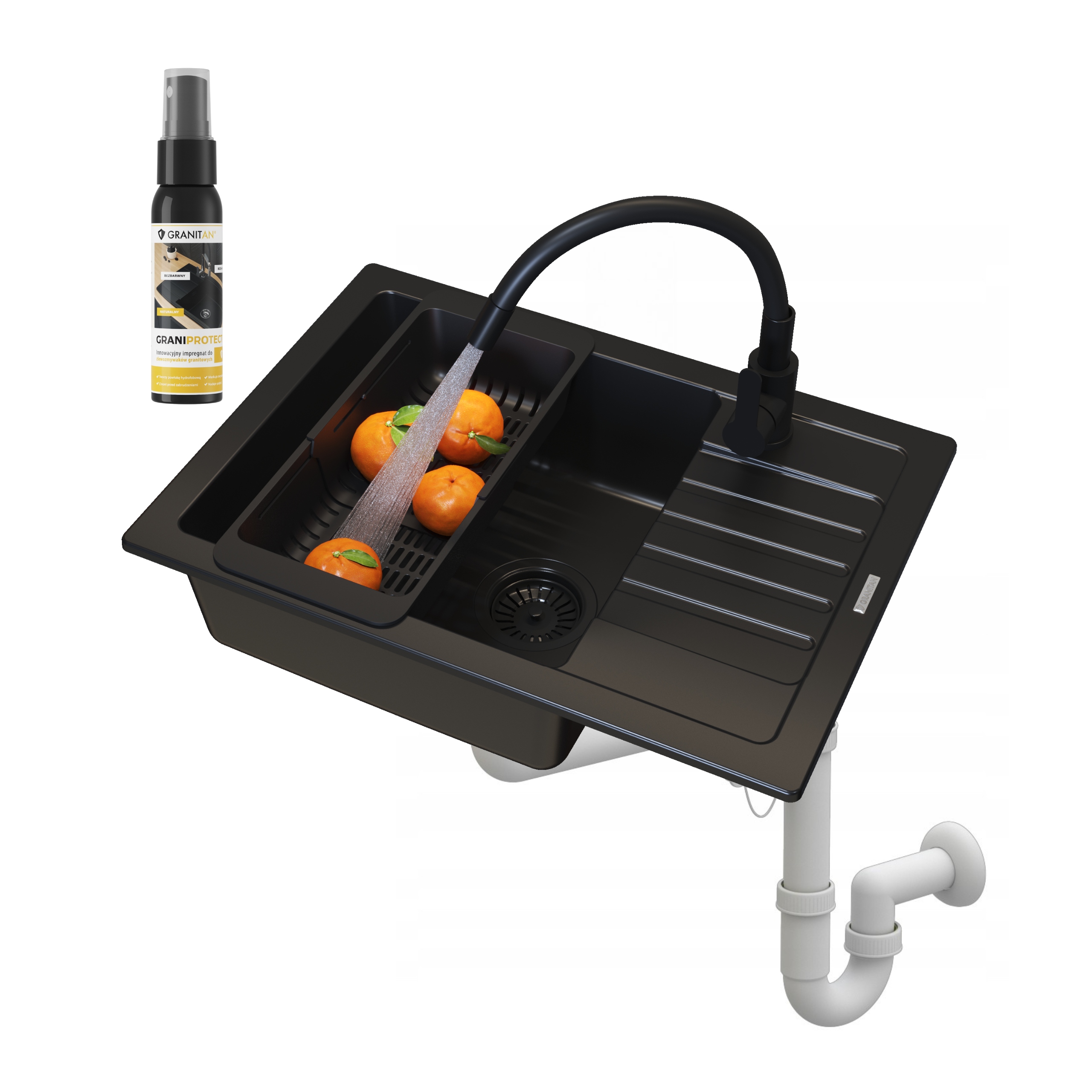 Jednokomorový granitový drez Argos čierny 5v1 Sada batérií Sifónový košík