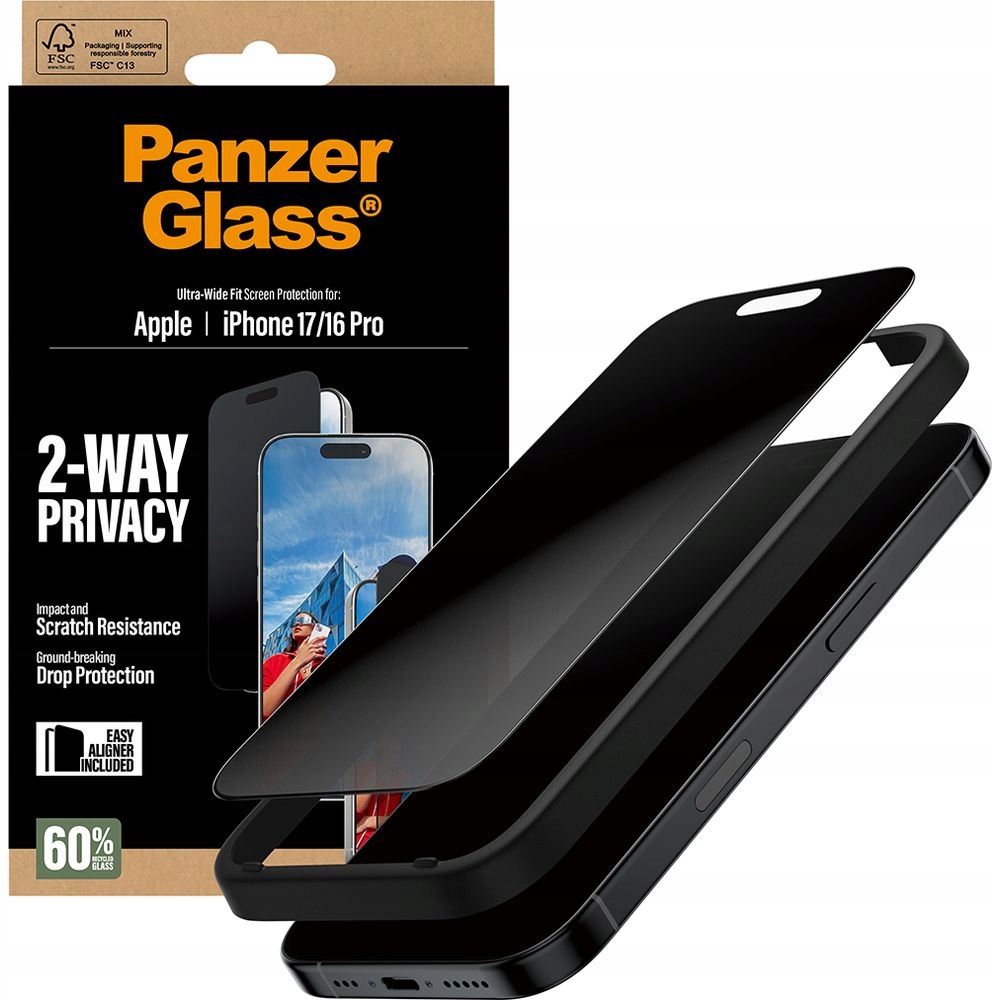 s privátním filtrem Sklo PanzerGlass pro iPhone 17 16 Pro, pevné, s aplikátorem