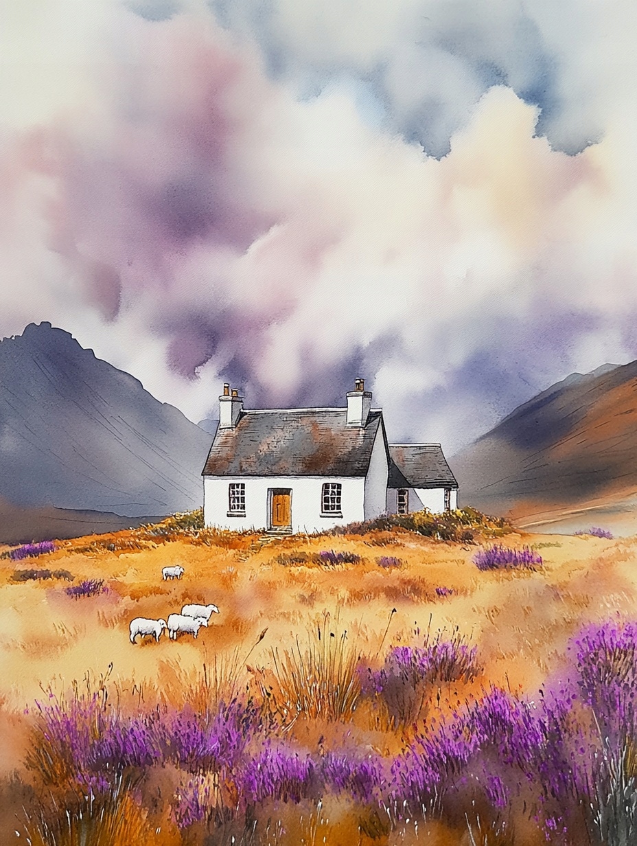Obraz Na Plátně Canvas Krajina Skotsko Highland Hory Dům Vřesy Ovce 75x100