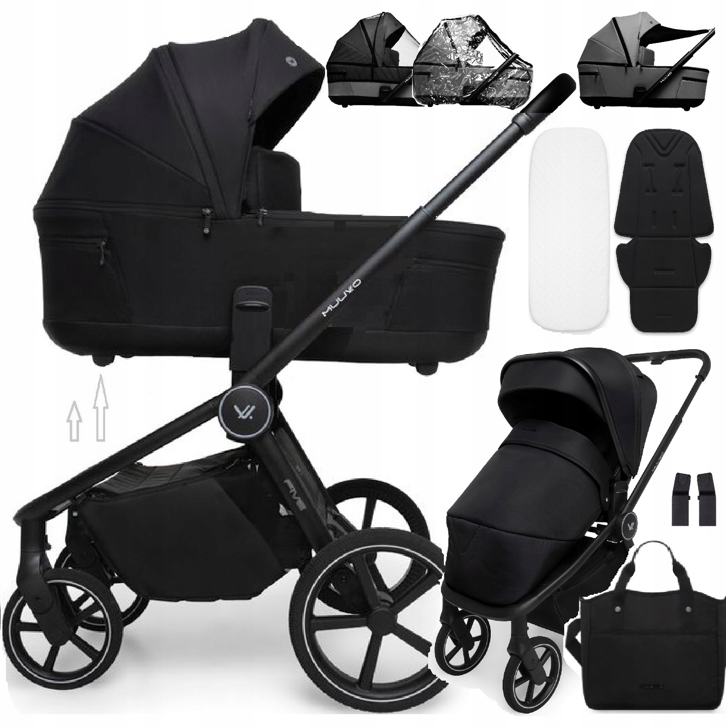 Muuvo Wózek Five 2w1 reg.wys G&Sp torba okrycie wkładka & adaptery, Black