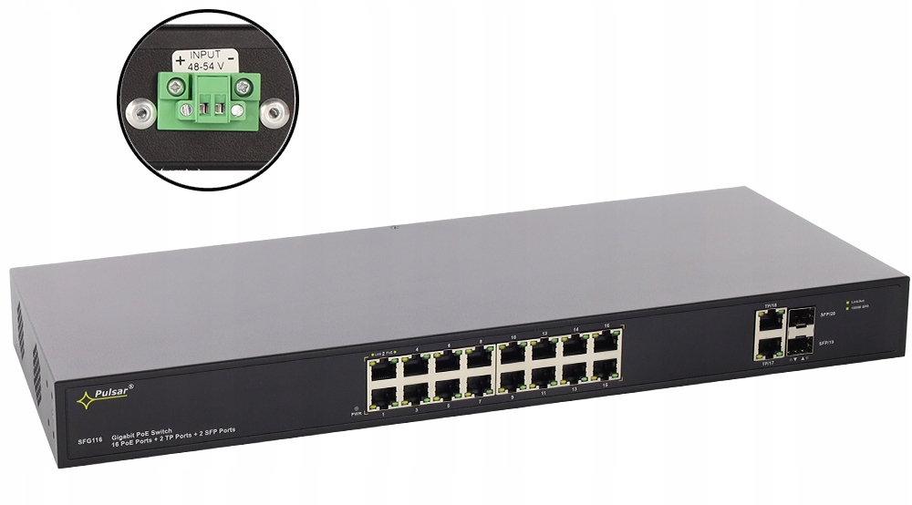Pulsar SFG116WP Switch PoE 16-port do 16 kamer Ip Gigabitowy bez zasilacza