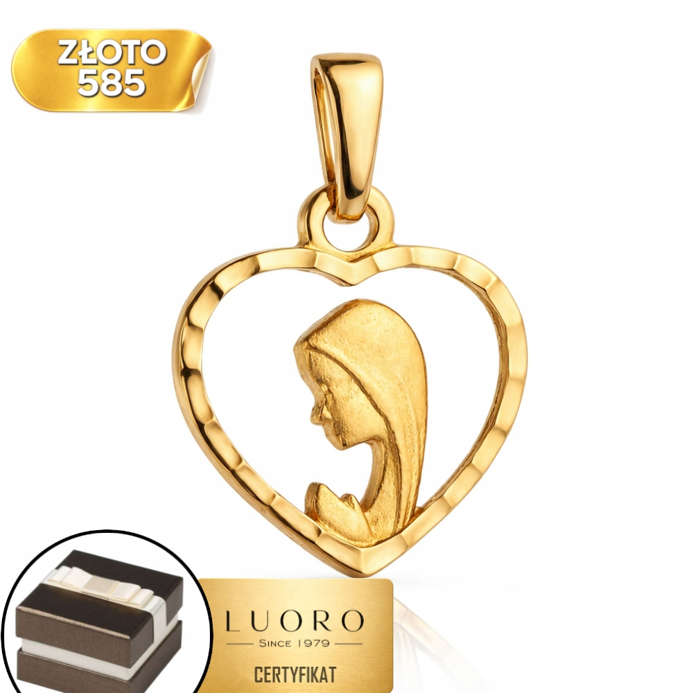 Medailon Zlatý 585 14K Matka Boží Saténový Diamantové Srdce 2 CM