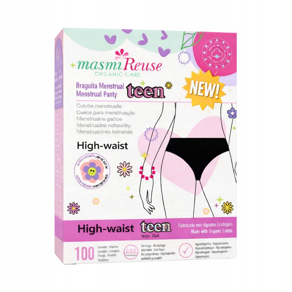 Majtki menstruacyjne Eko Masmi Dla Nastolatek wysoki stan 100% bawełna S