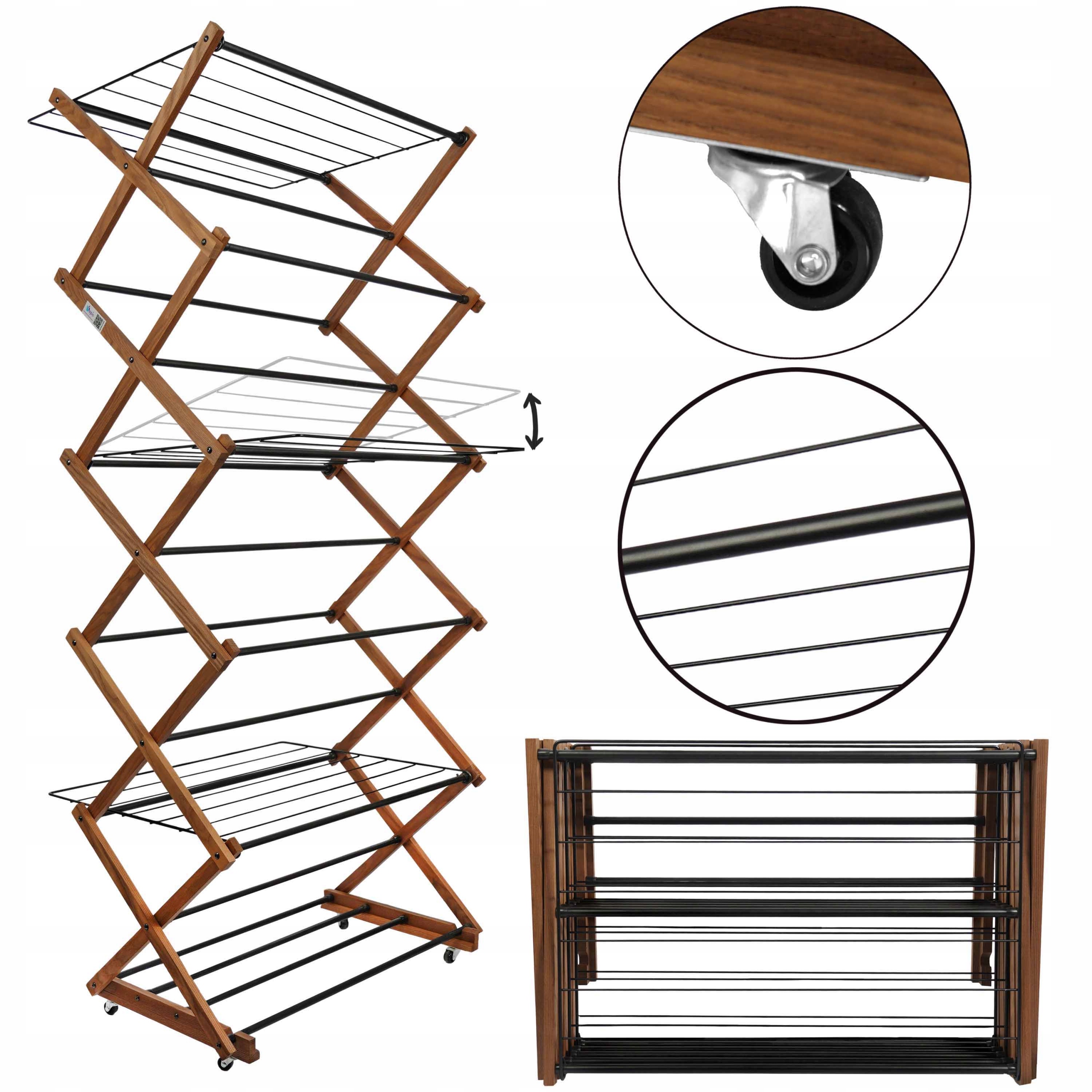 Drevená Vertikálna Sušička Na Bielizeň S Policami, Skladacie Kolieska, Veľká Ekologická Oceľ