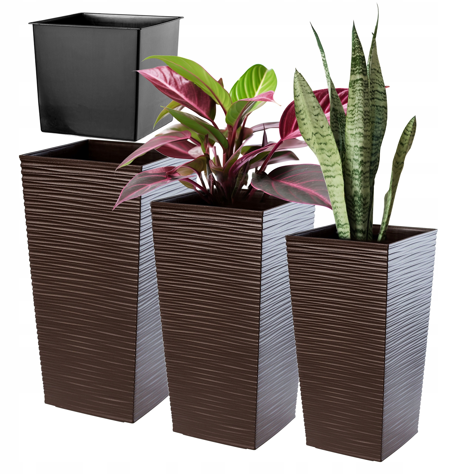 Sada 3ks Kvetináč Záhradný Vysoká Vložka Veľká Mokka 47+57+68 cm
