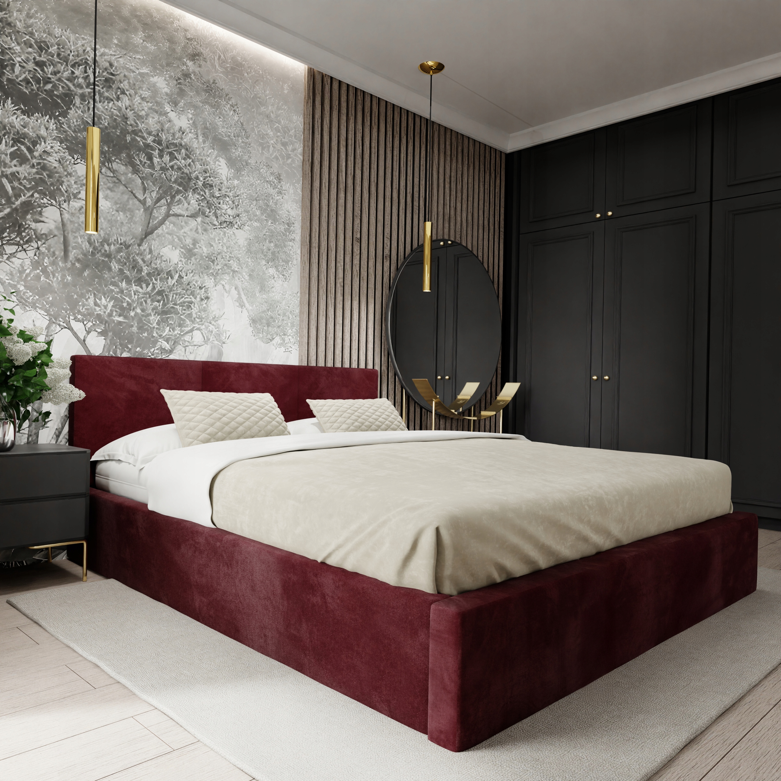 Čalouněná Postel Do Ložnice 180x200 Dvoulůžková Postel S Úložným Prostorem Vínová