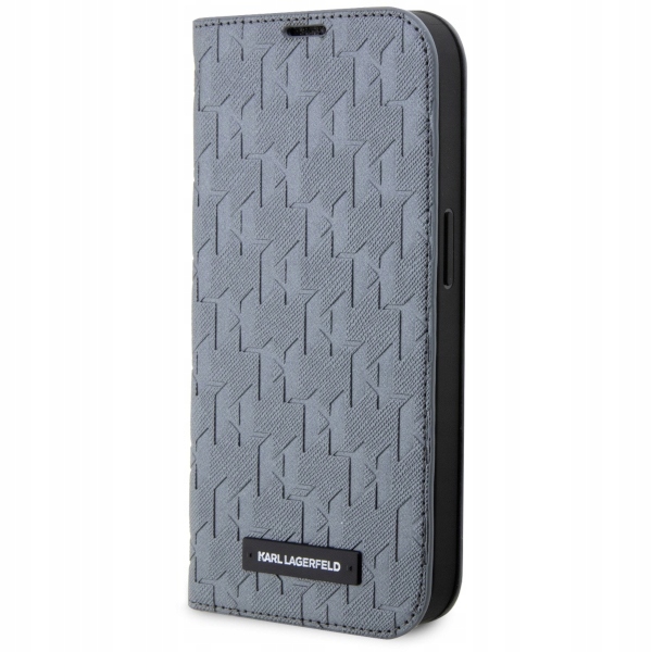 Pouzdro pro iPhone 14 Karl Lagerfeld Bookcase Silver Saffiano Monogram