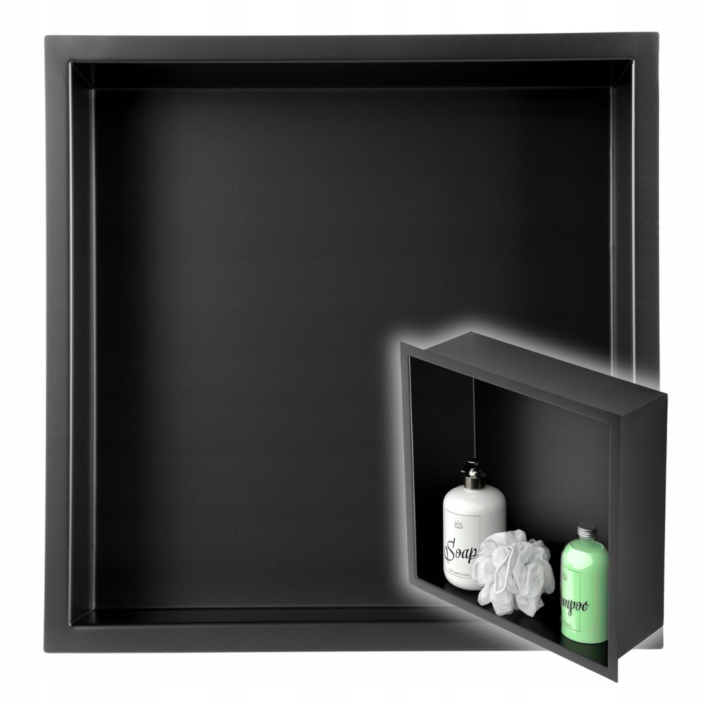 Výklenková police 30x30x10 cm černá matná ocel prášková sprchová příruba