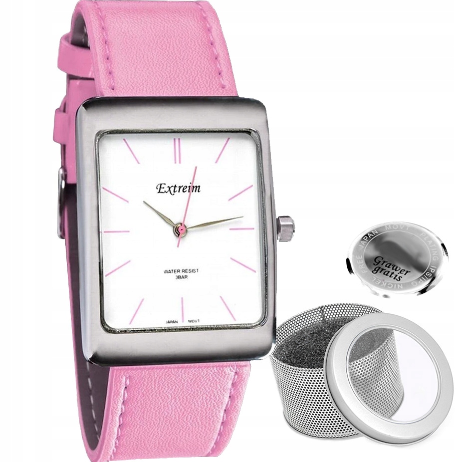 Dámské hodinky Extreim Luna pink obdélníkové kožený opasek Gravírování
