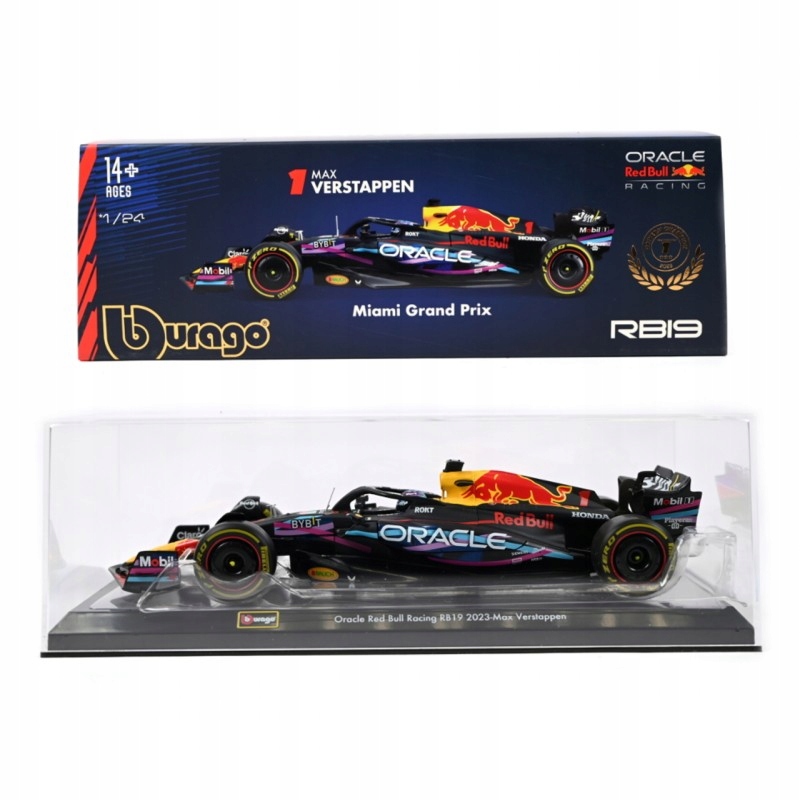 Bburago 1:24 Model Oracle Red Bull RB19 2023 #1 Max Verstappen w gablotce