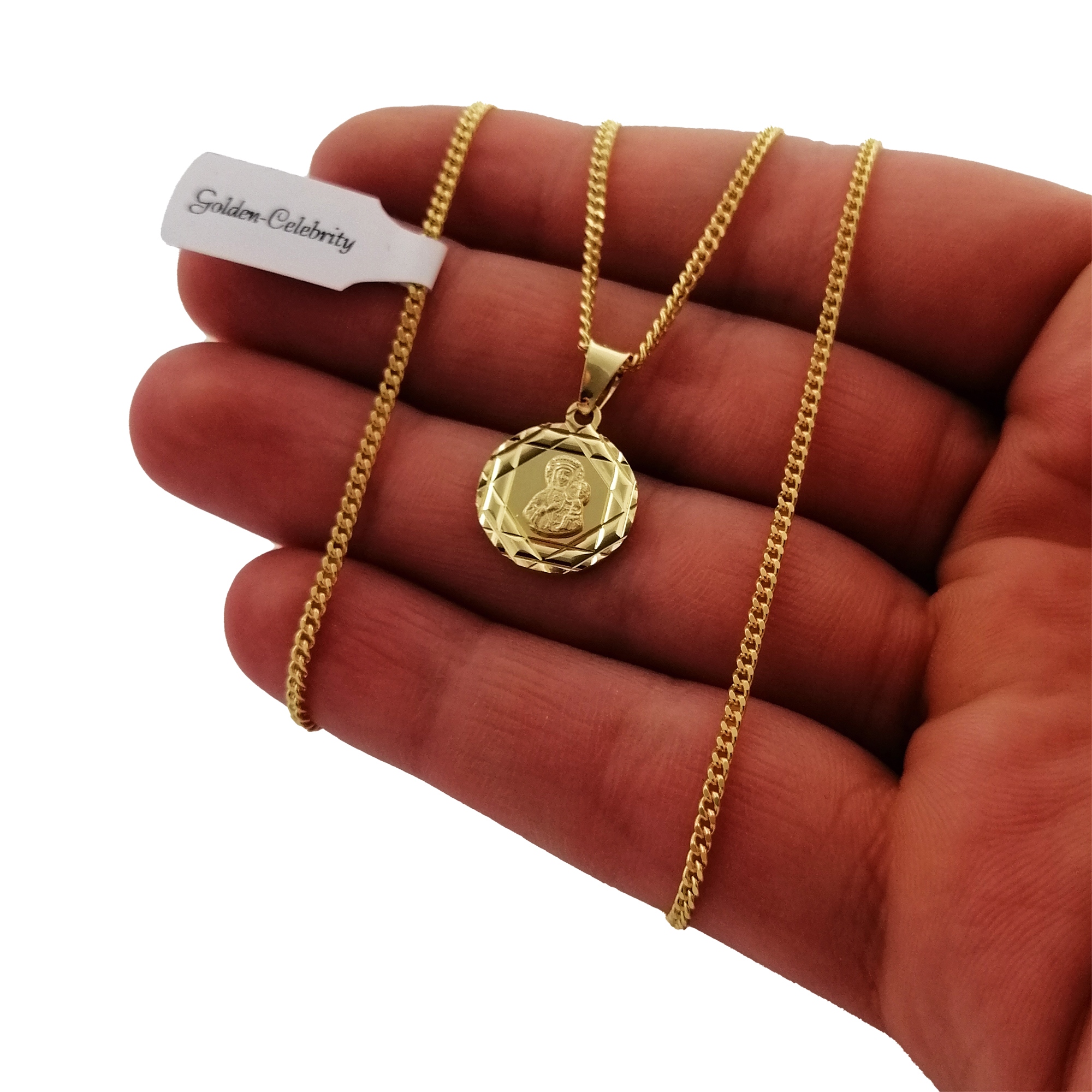 ZŁOTY ŁAŃCUSZEK PANCERKA + MEDALIK MATKA BOSKA 925/585 14K + GRAWER CHRZEST Marka Golden Celebrity