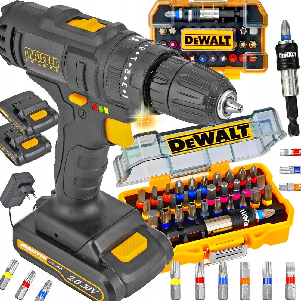 WIERTARKO WKRĘTARKA 20V UDAR 2x2AH + DEWALT 32 el. UCHWYT SAMOZACISKOWY