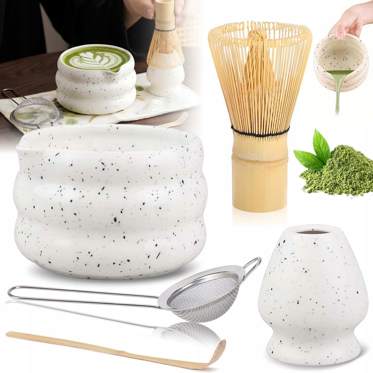 Levně Set Čaj Matcha Matchy Miotelka Bambusová Keramická Miska 5KS