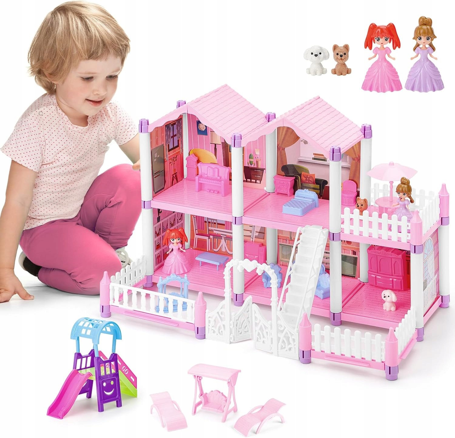 deAO 2-Poziomowy Domek dla Lalek z 5 Pokojami, Meble i 2 Figurki