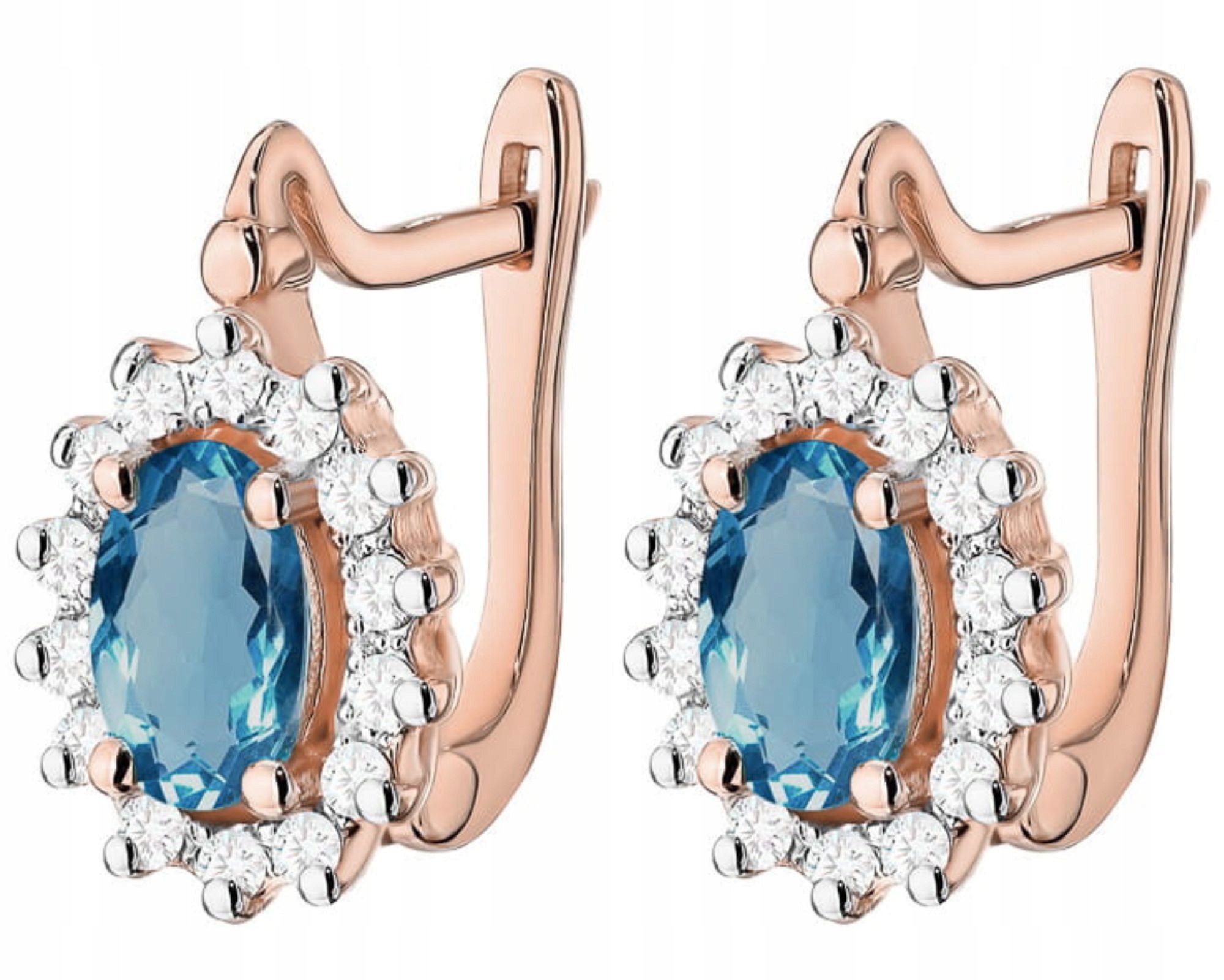 Růžové Zlato Náušnice 585 S Modrým Kamenem Topaz London Blue Brilianty