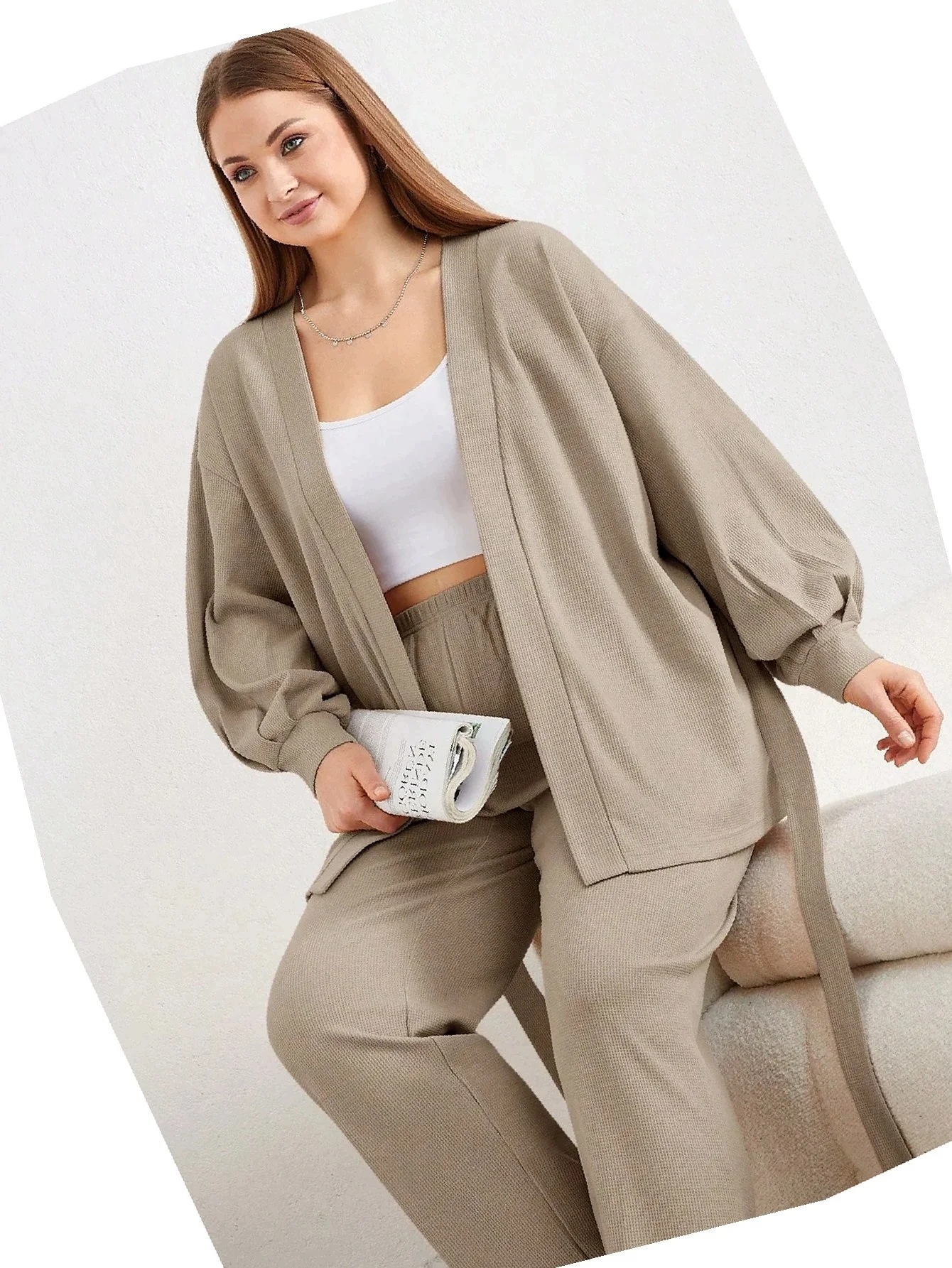 Ležérní ležérní komplet s páskem, béžový, dámský, 5XL, 50