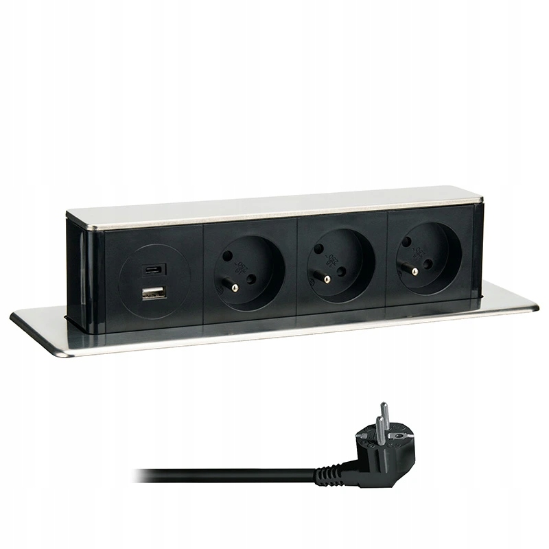 Výsuvný blok 3 zásuviek Usb A C 20W Pd, 2m, nerez oceľ