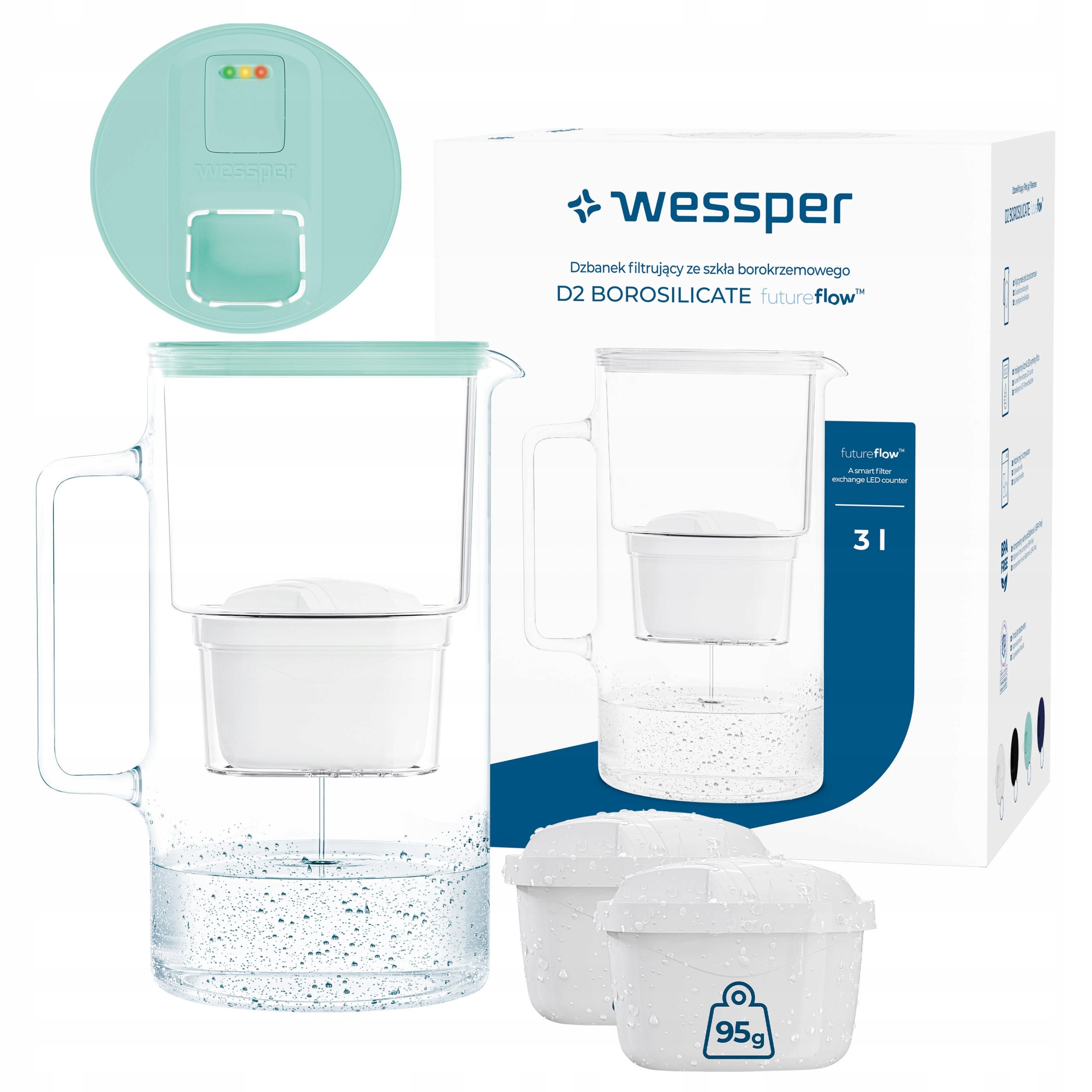Dzbanek filtrujący szklany Wessper D2 Borosilicate Led 3l 3x filtr wody