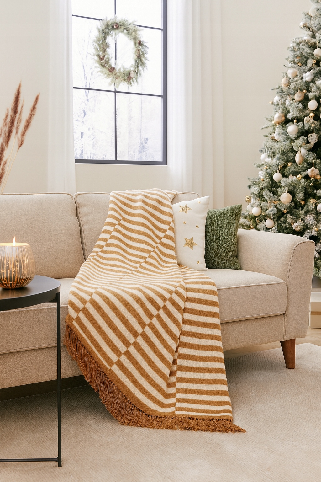 Bavlněná deka béžová s proužky, krémová, 150 x 200 cm, oboustranný přehoz na postel