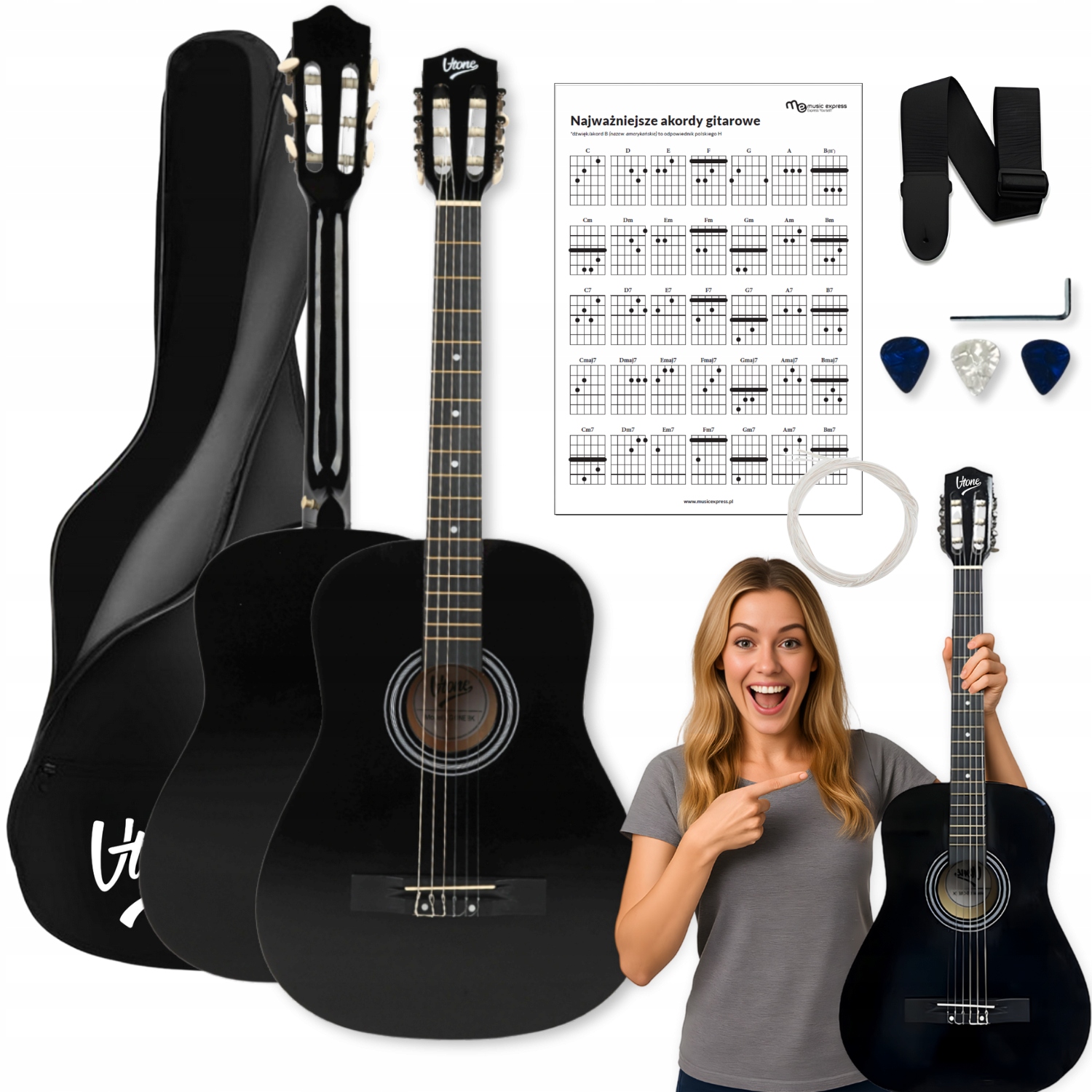 Kytara klasická 4/4 pro výuku, sada kostek, pásek, struny, akordy