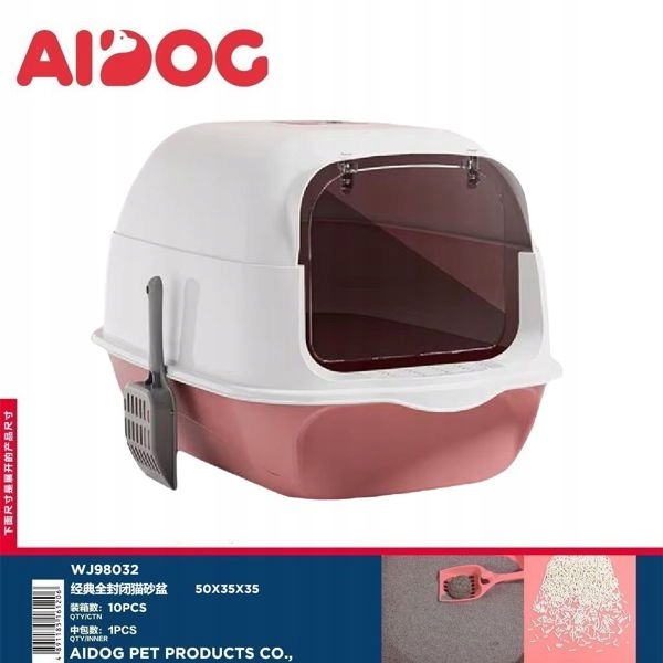 Levně Růžová klasická uzavřená toaleta pro kočky 50x35x35 cm