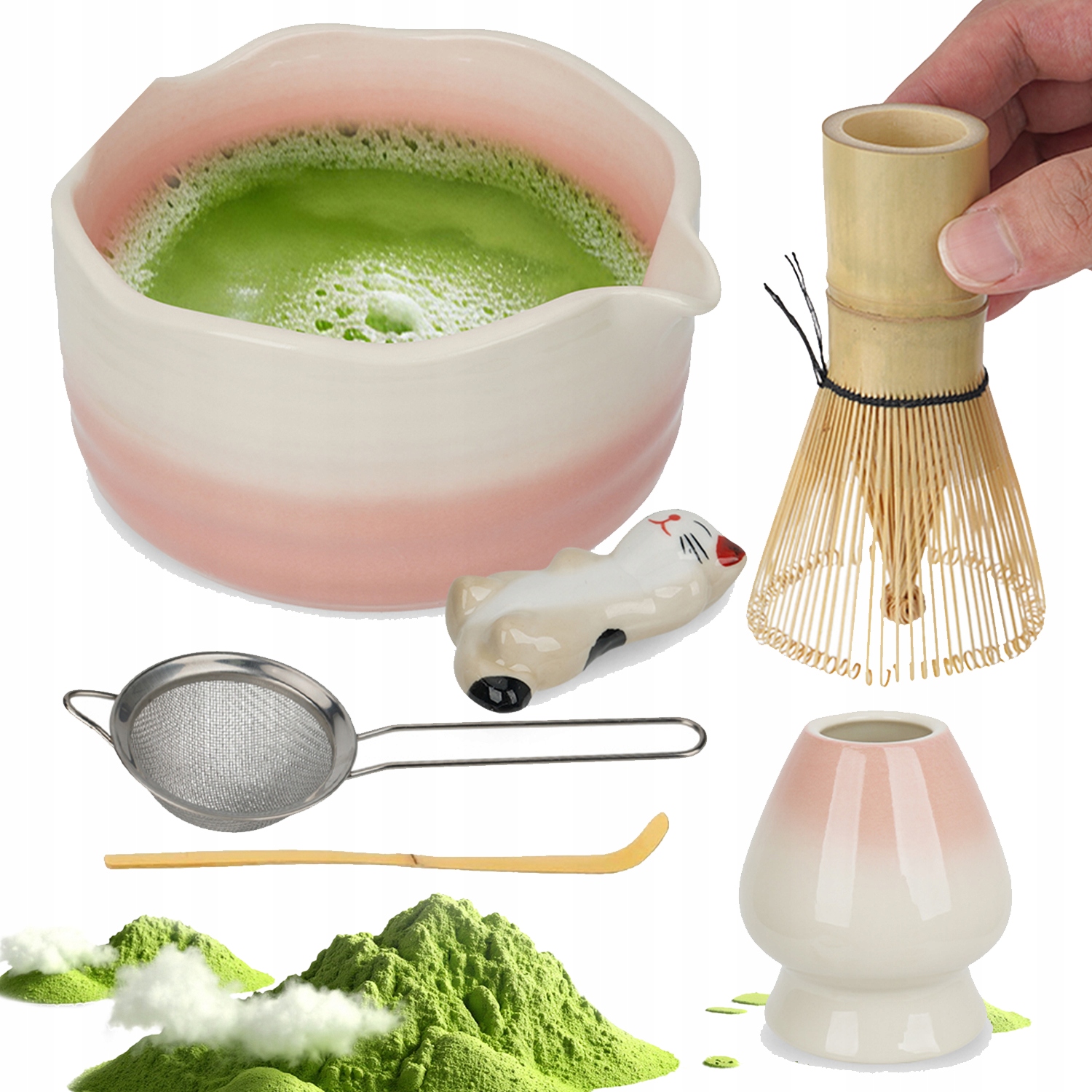 Kompletní Sada Na Čaj Matchy 6 Kusů Růžová Se Sítkem A Kočičí Rukojetí