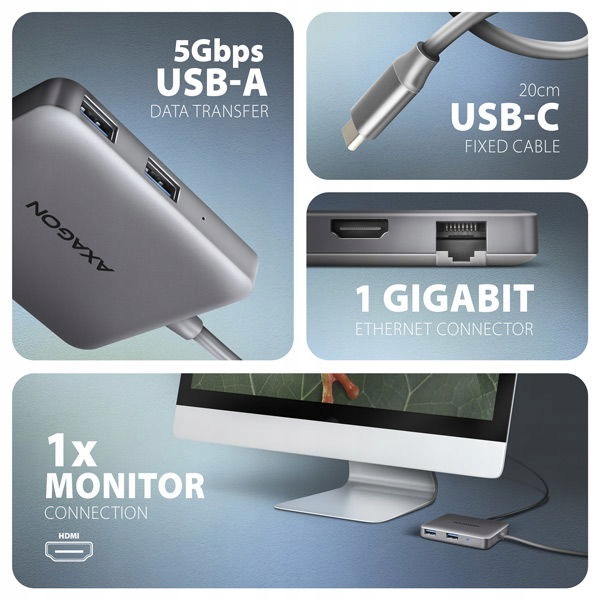 Axagon HMC-5HL, Usb 5Gbps hub, 2x Usb-a, Hdmi 4k/60Hz, RJ-45 Glan, Pd 100W