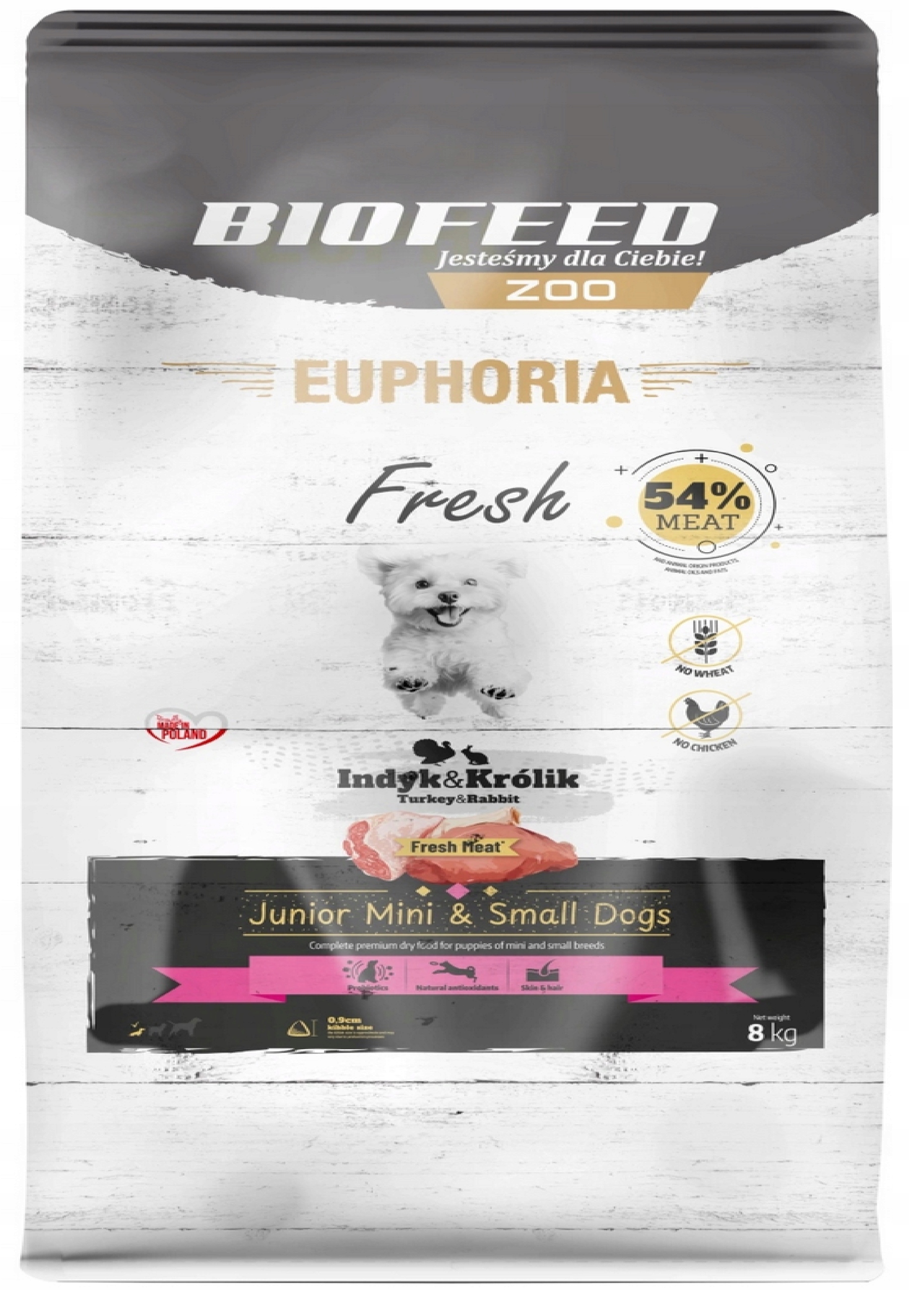 Sucha Karma Euphoria Fresh rasy mini i małe Indyk z Królikiem Junior 8Kg